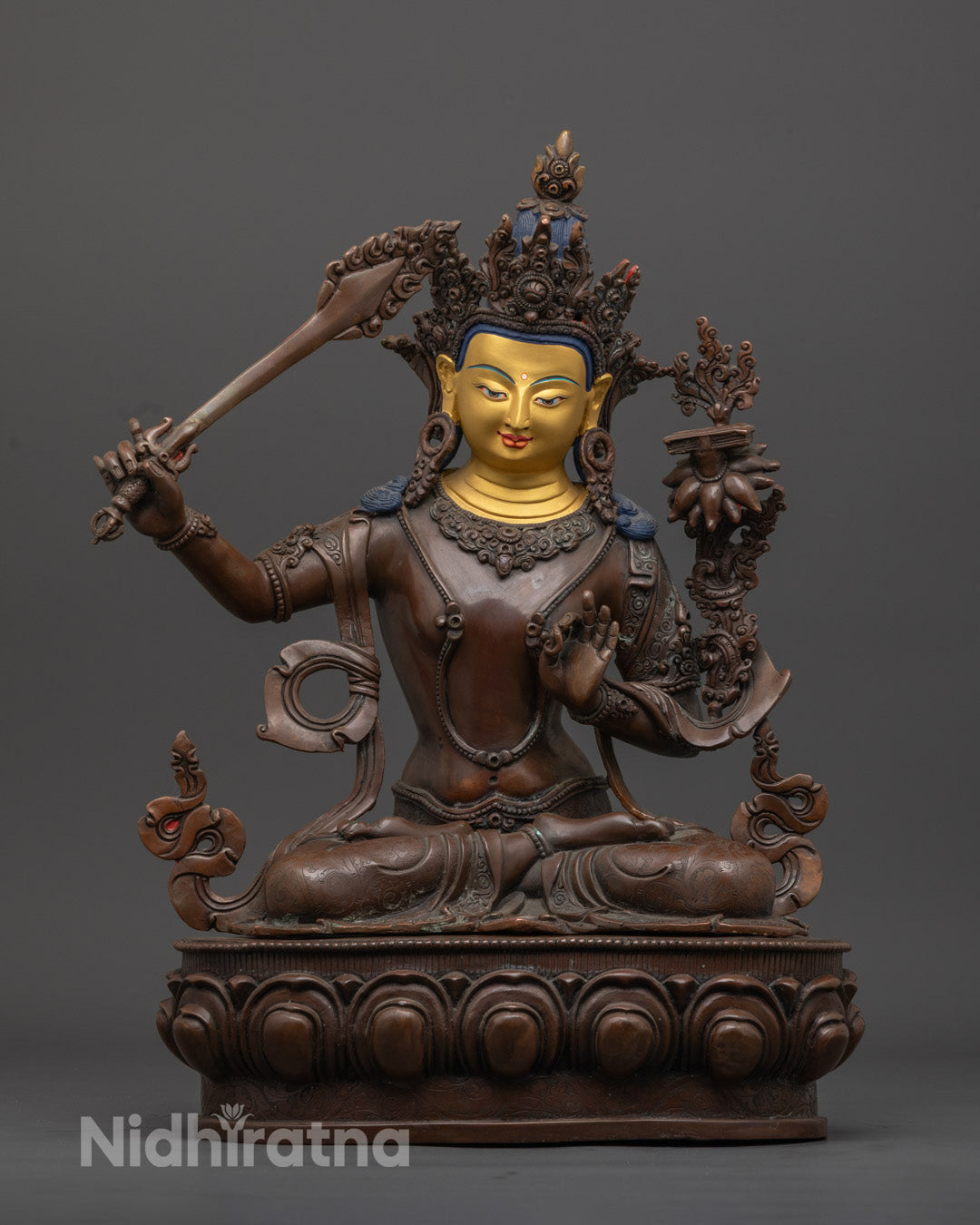 Manjushri Statue | Hand-Carved Oxidized Copper