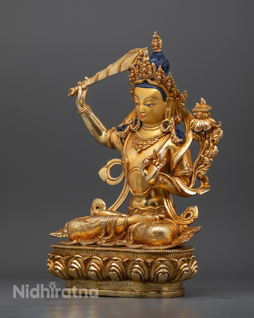 Manjushri Bodhisattva Statue – Detailed 24k gold gilded copper sculpture representing wisdom, clarity, and compassion for your spiritual practice.