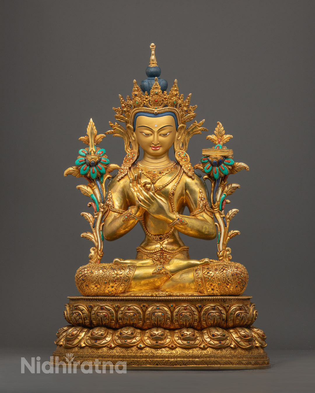 Manjushri Bodhisattva Statue with 24K gold-gilded face and fire-gilded body handcrafted using the lost wax method