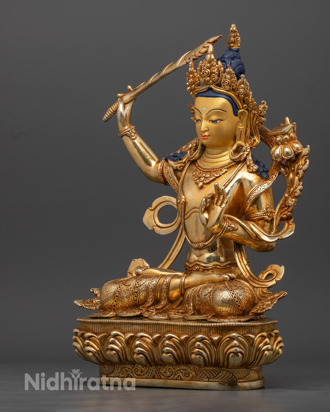 Manjushri Buddha Statue on Lotus Throne - 24k Gold Gilded Copper - Perfect for Meditation and Spiritual Practices
