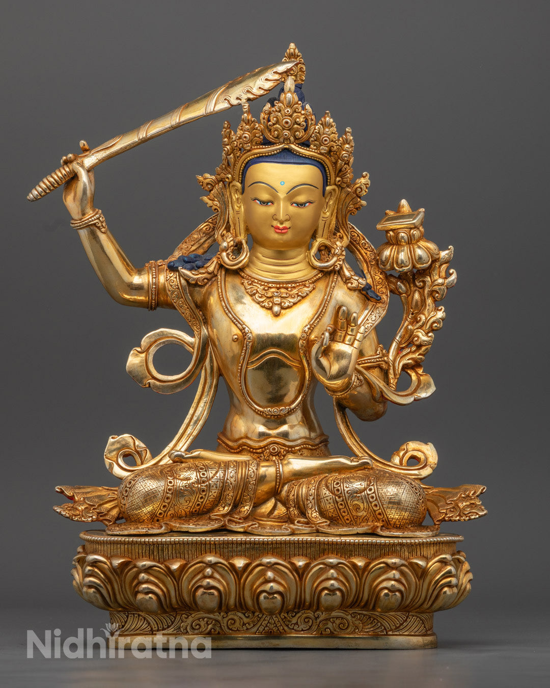 Manjushri Buddhist Statue 24k Gold Gilded Copper Seated on Lotus Throne - Intricate Detailing for Spiritual Clarity