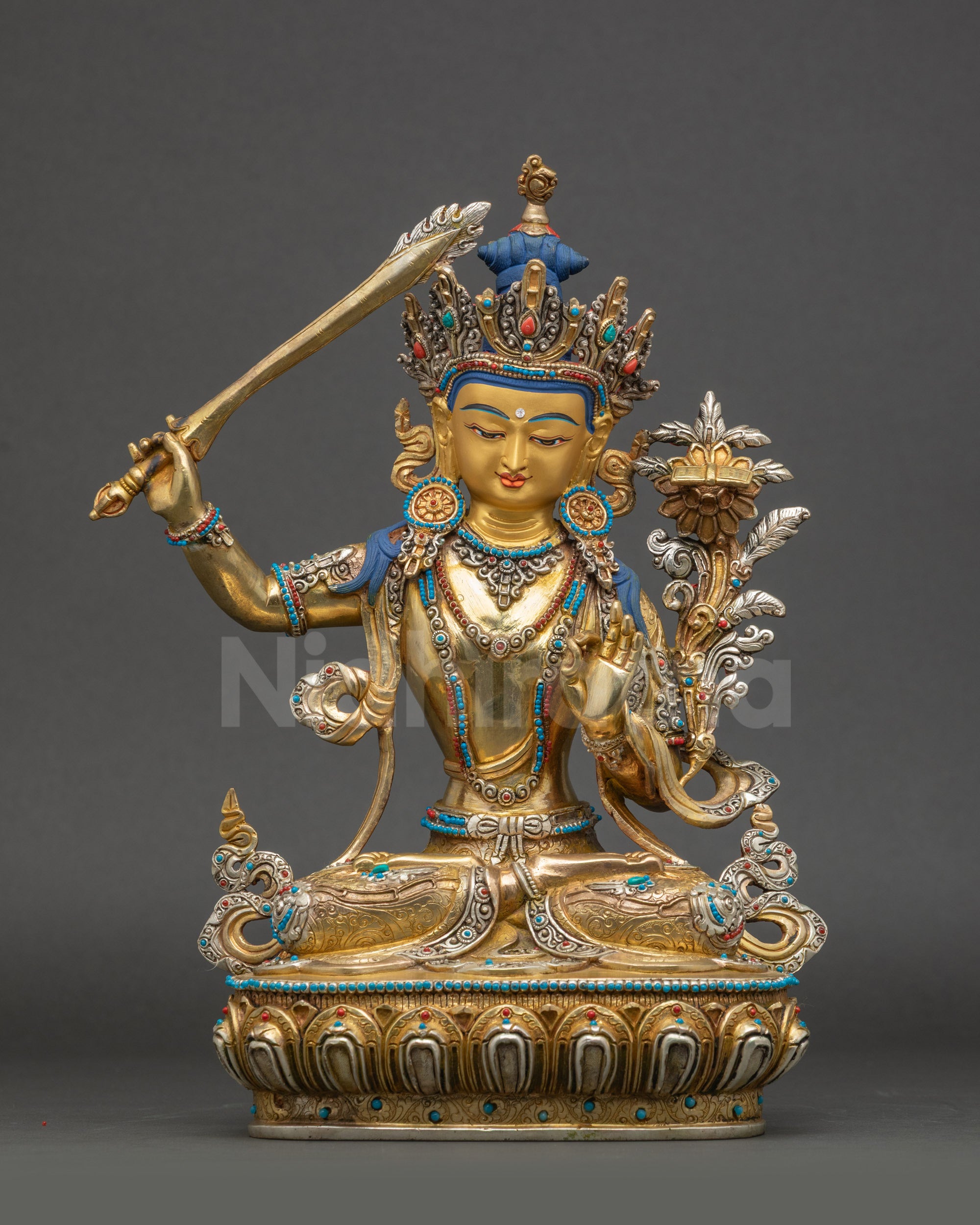 Manjushri Statue gold-gilded copper Buddha on lotus pedestal front view