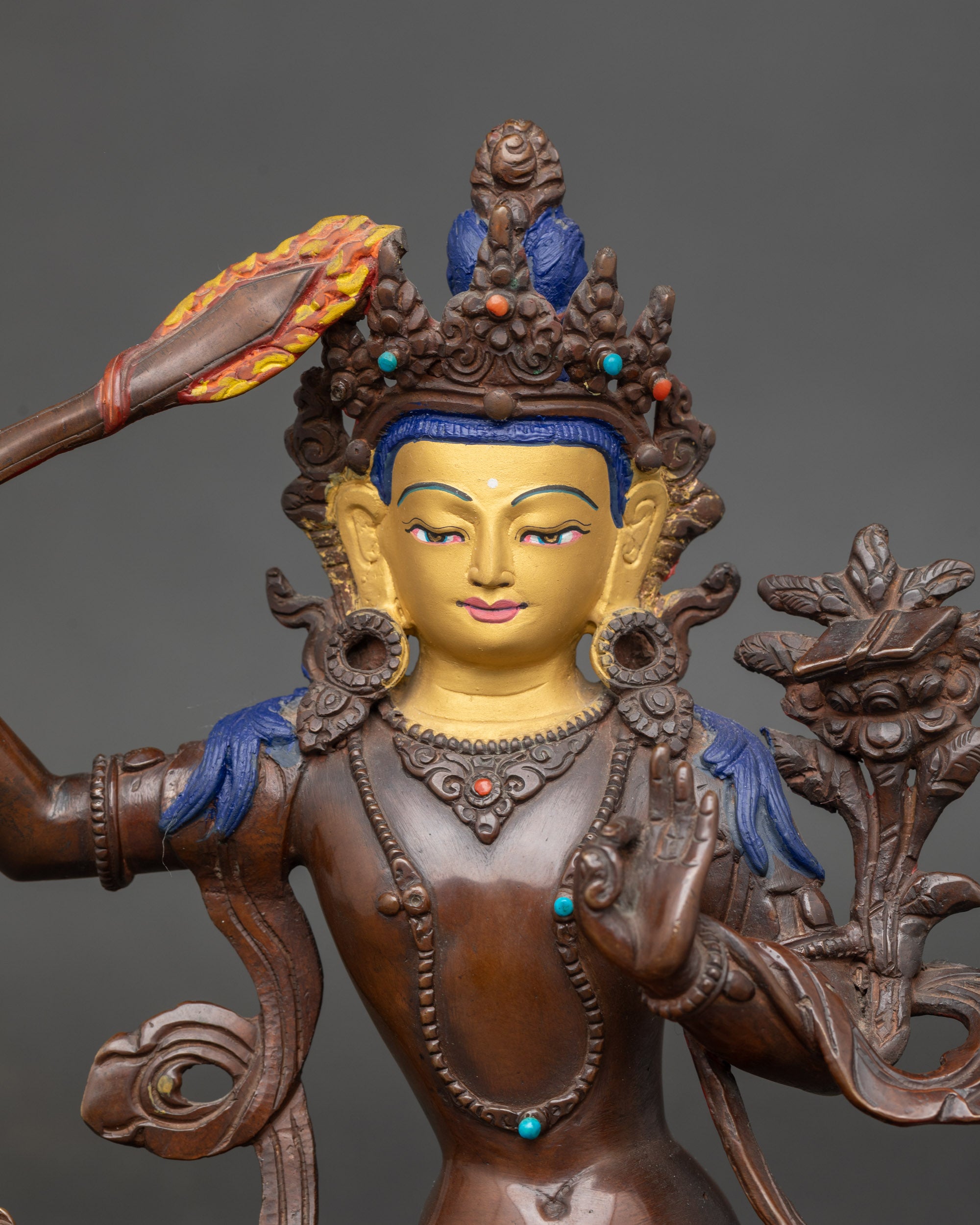Manjushri oxidized copper statue with wisdom sword regular close up