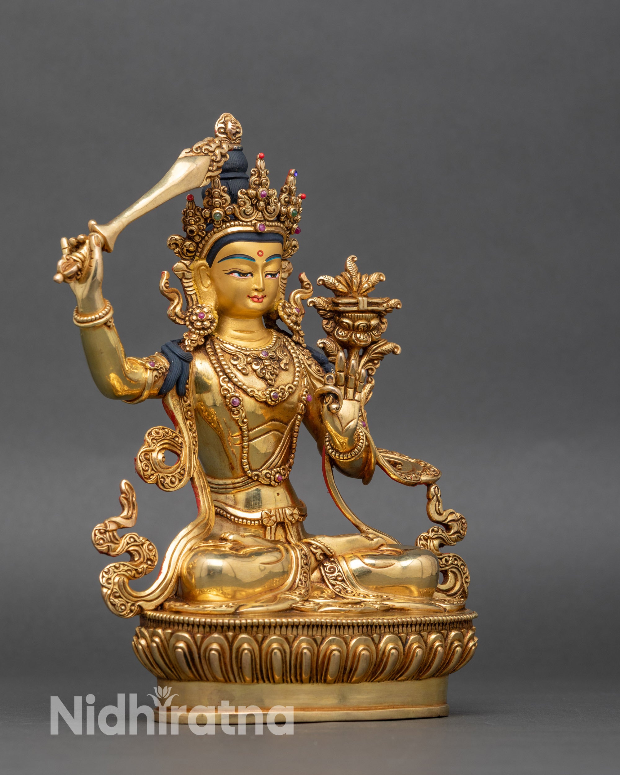 Manjushri right side view, intricate robe carvings, Newari artist Nepal crafted