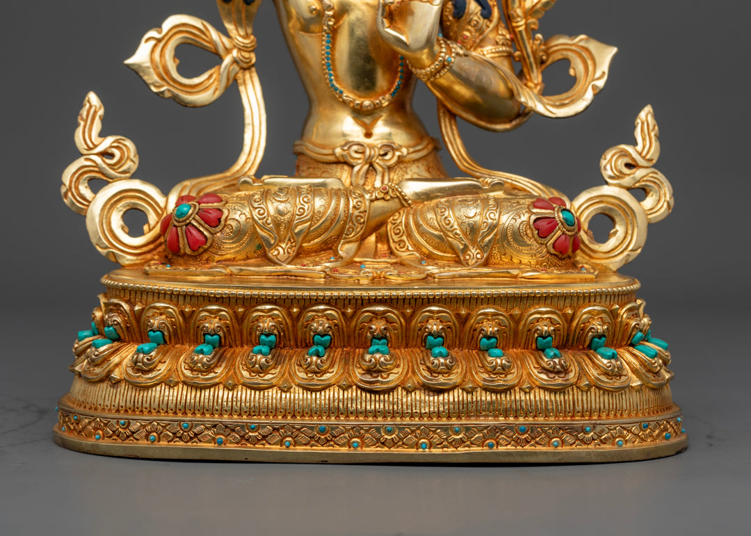 the front view of Manjushree statue's lotus seat adorned with gemstone