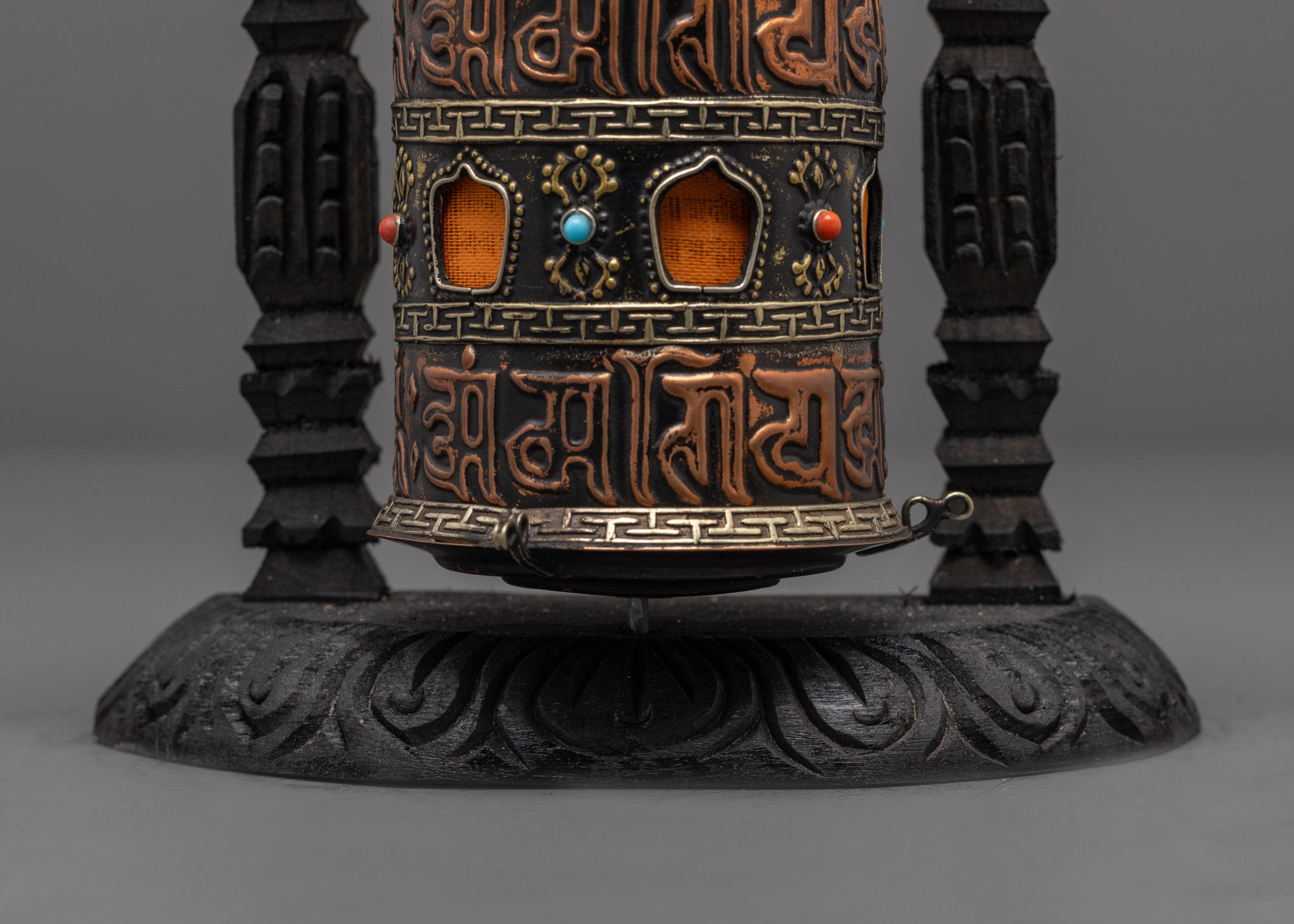 Mantra prayer wheel for shrine or temple with intricate black acrylic finish