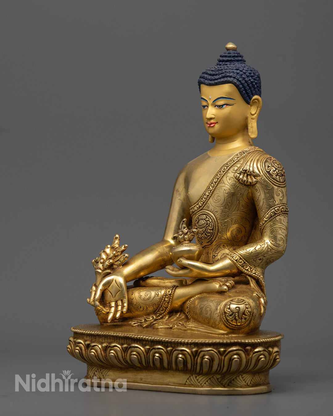 Medicine Buddha Sculpture – Gold-Plated Copper Statue with Vibrant Acrylic Colors for Spiritual Healing and Wellness