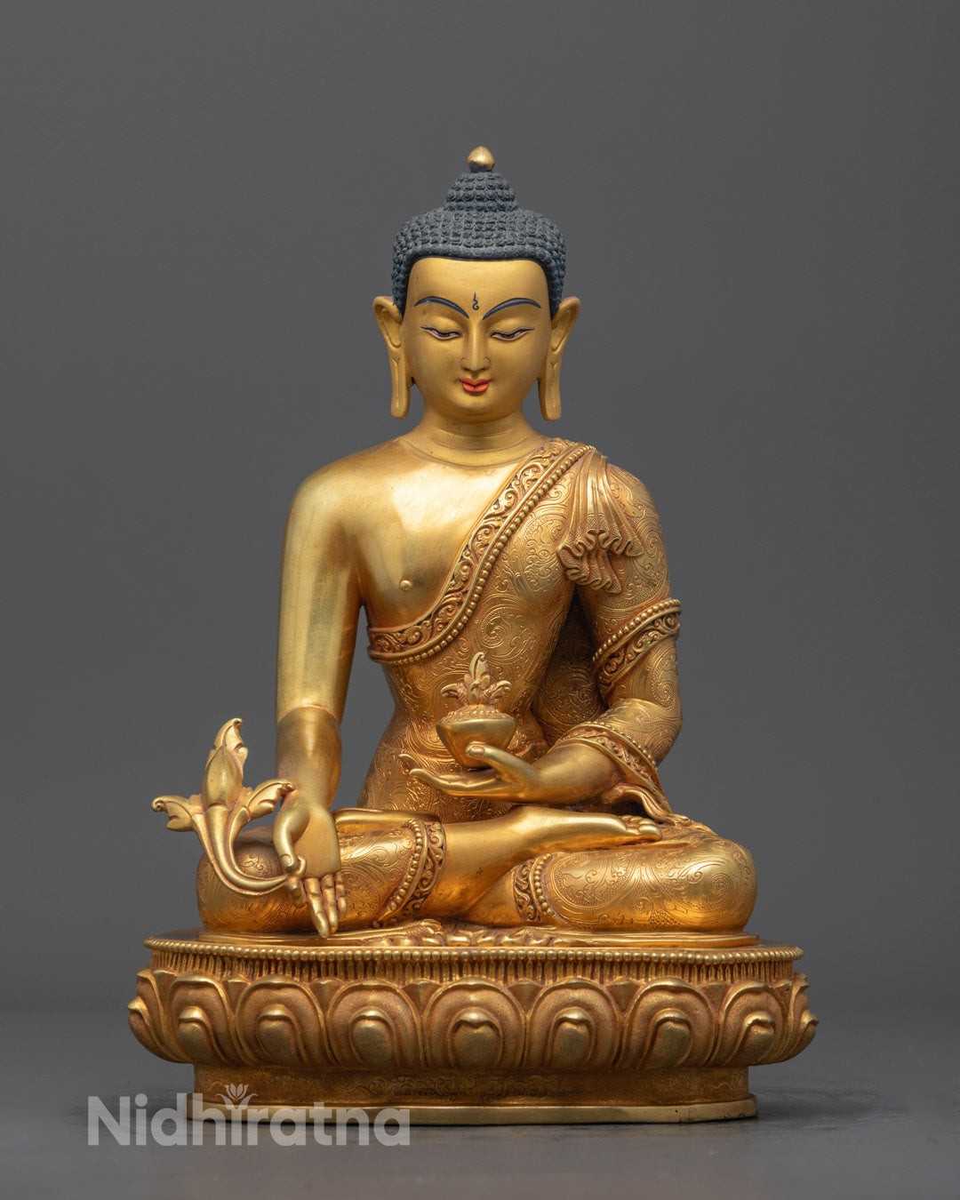 Front-Image of Medicine Buddha statue front view with 24k gold fire gilding