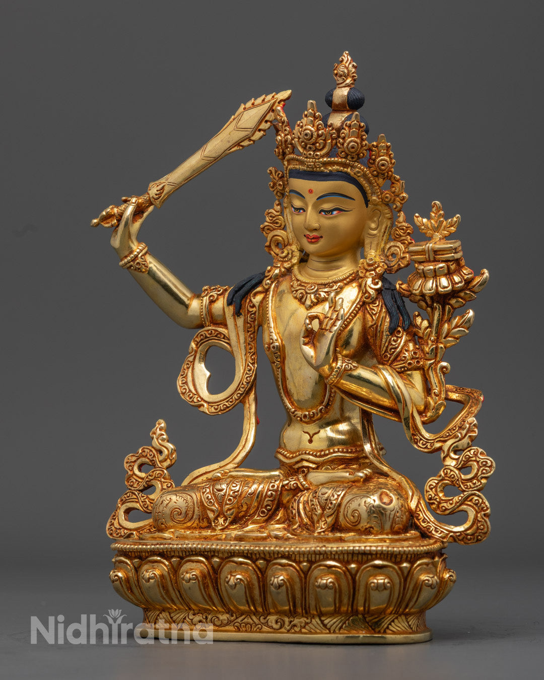 Traditional Manjushri Statue | 24K Gold Gilded Copper Art