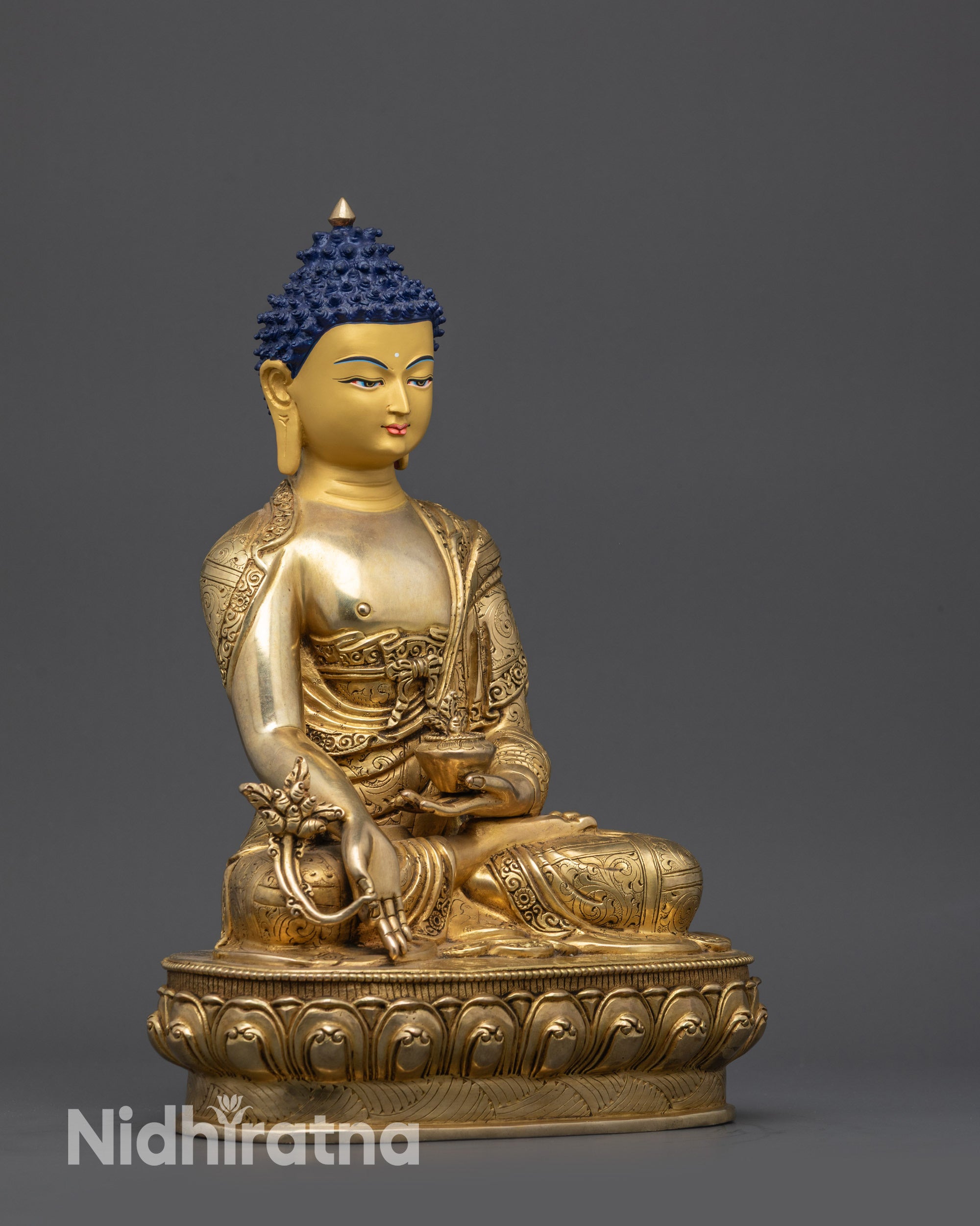 Medicine Buddha Statue Holding Myrobalan Stem and Healing Bowl Nepalese Art