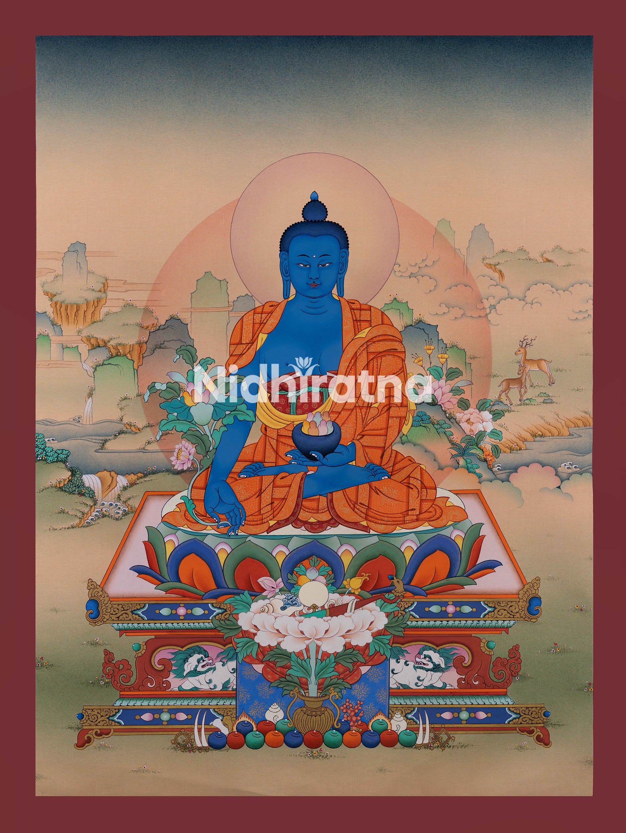 Medicine Buddha Thangka Print with Bhumisparsha Mudra | High-quality giclee canvas
