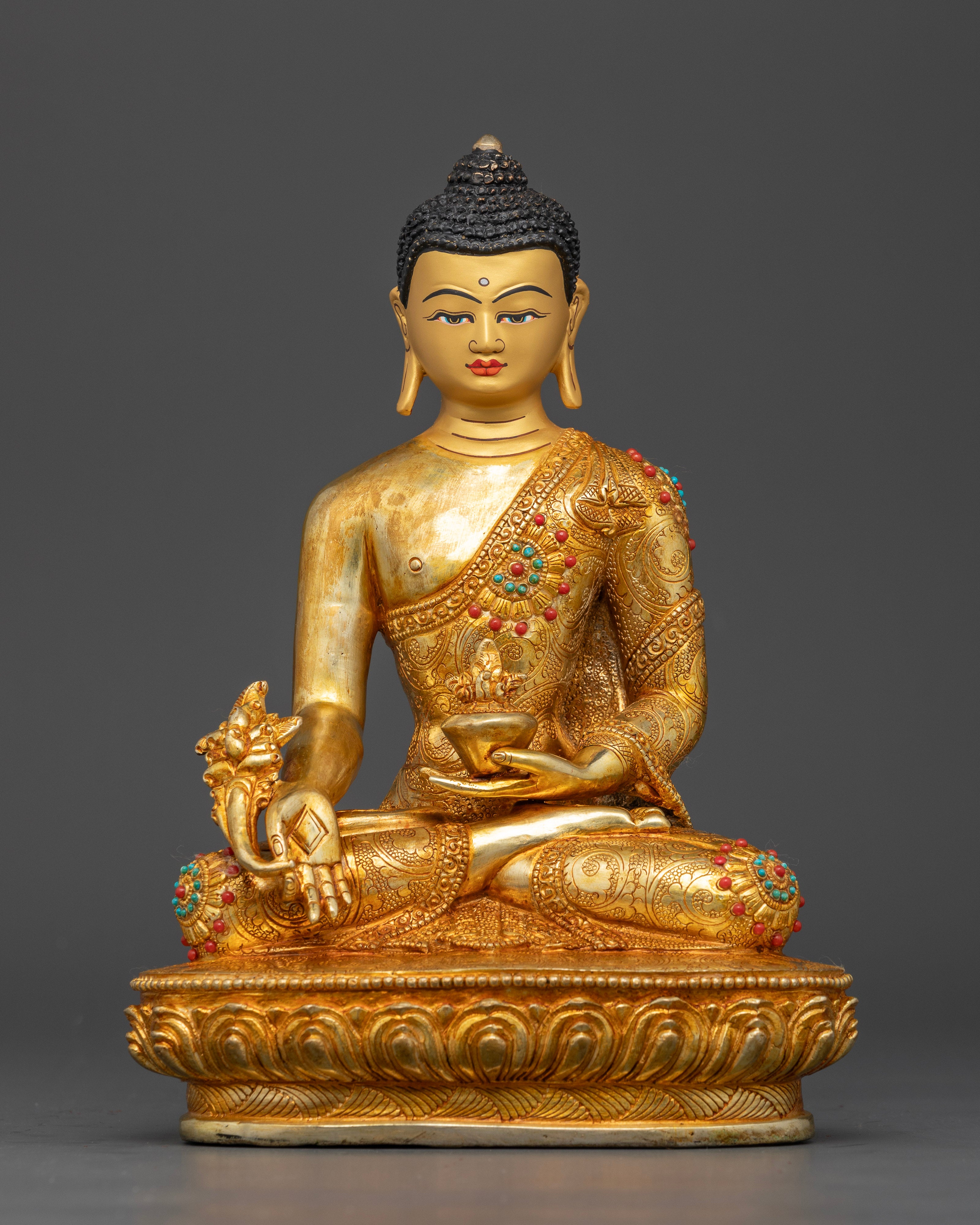 Medicine Buddha statue gold fire gilded with 24K painted face on lotus seat