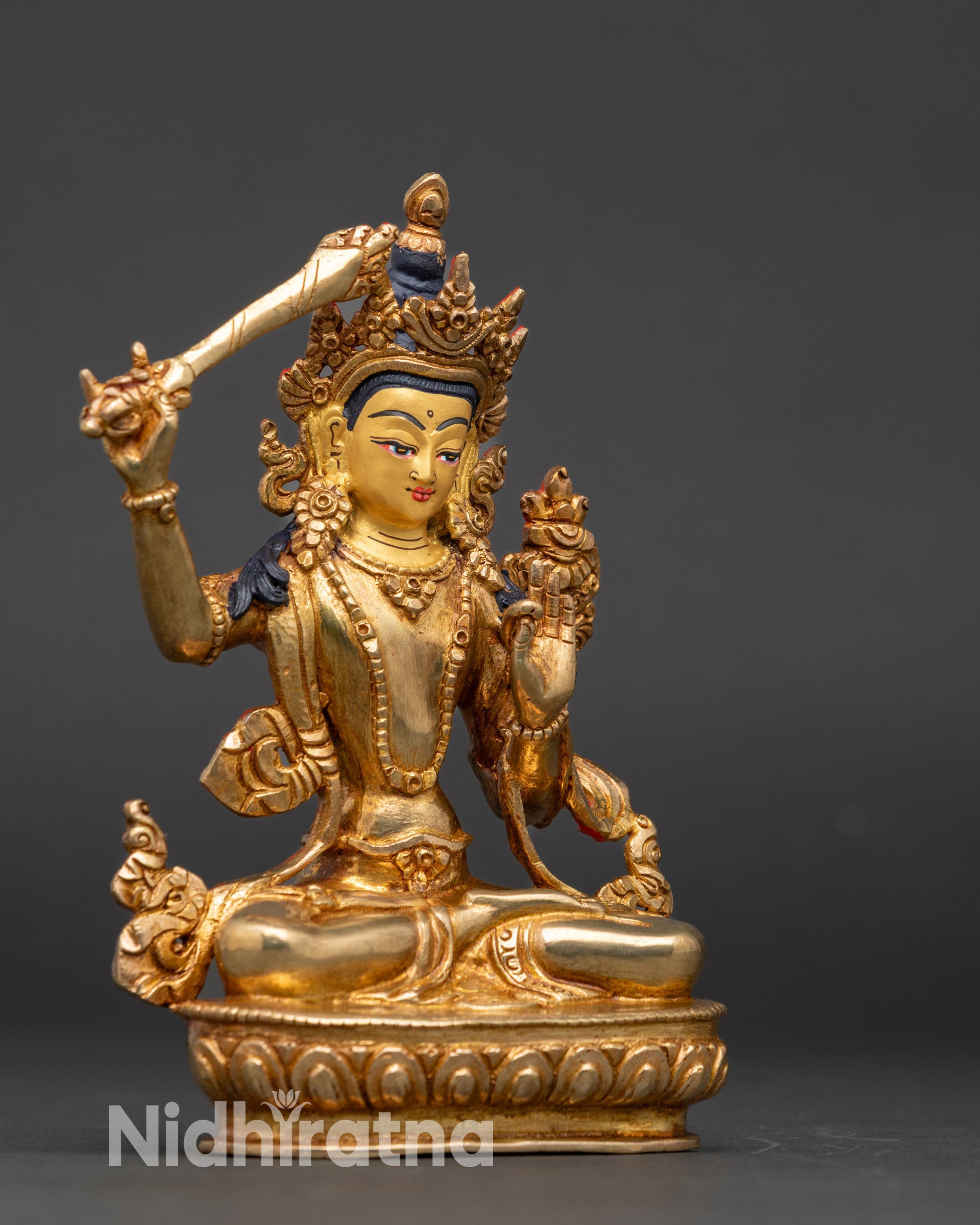 Meditation Manjushri statue, gold fire-gilded Nepalese altar centerpiece