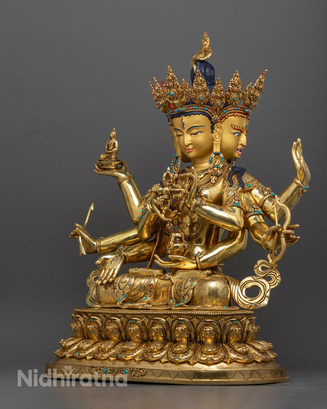 Namgyalma (Ushnishavijaya) Buddhist Statue | Gold-Plated Long-Life Deity in Meditation Pose with Three Faces & Eight Arms |Handcrafted Copper Sculpture for Healing & Blessings