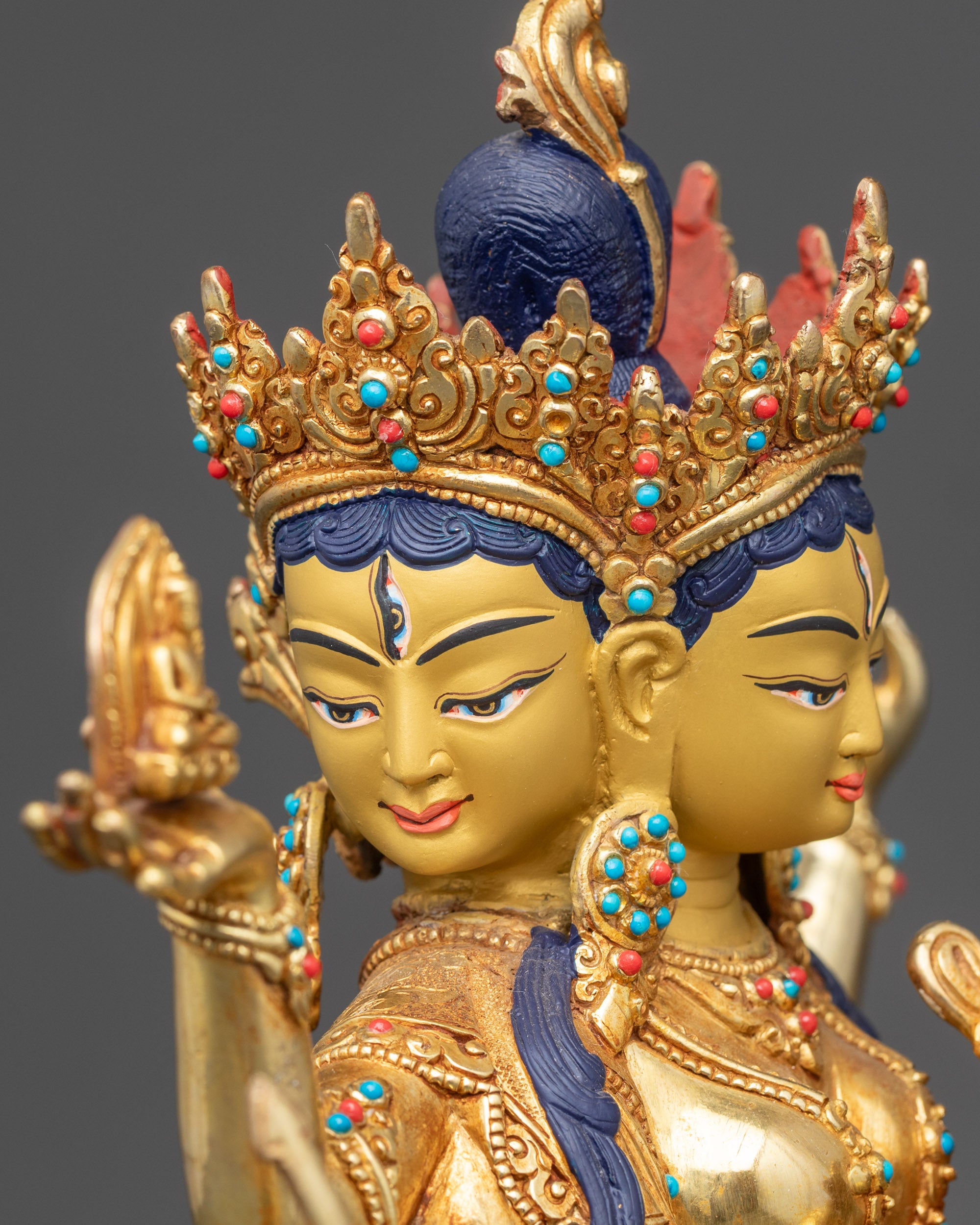 Namgyalma Ushnishavijaya statue detailed side close up showing carvings and sacred objects