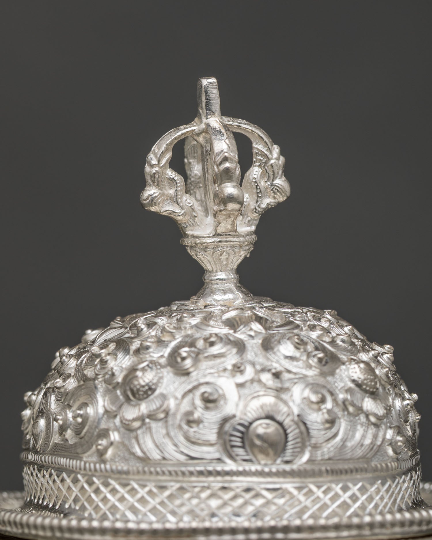 Nepalese Buddhist Kapala ritual vessel with half vajra lid and three sided base.