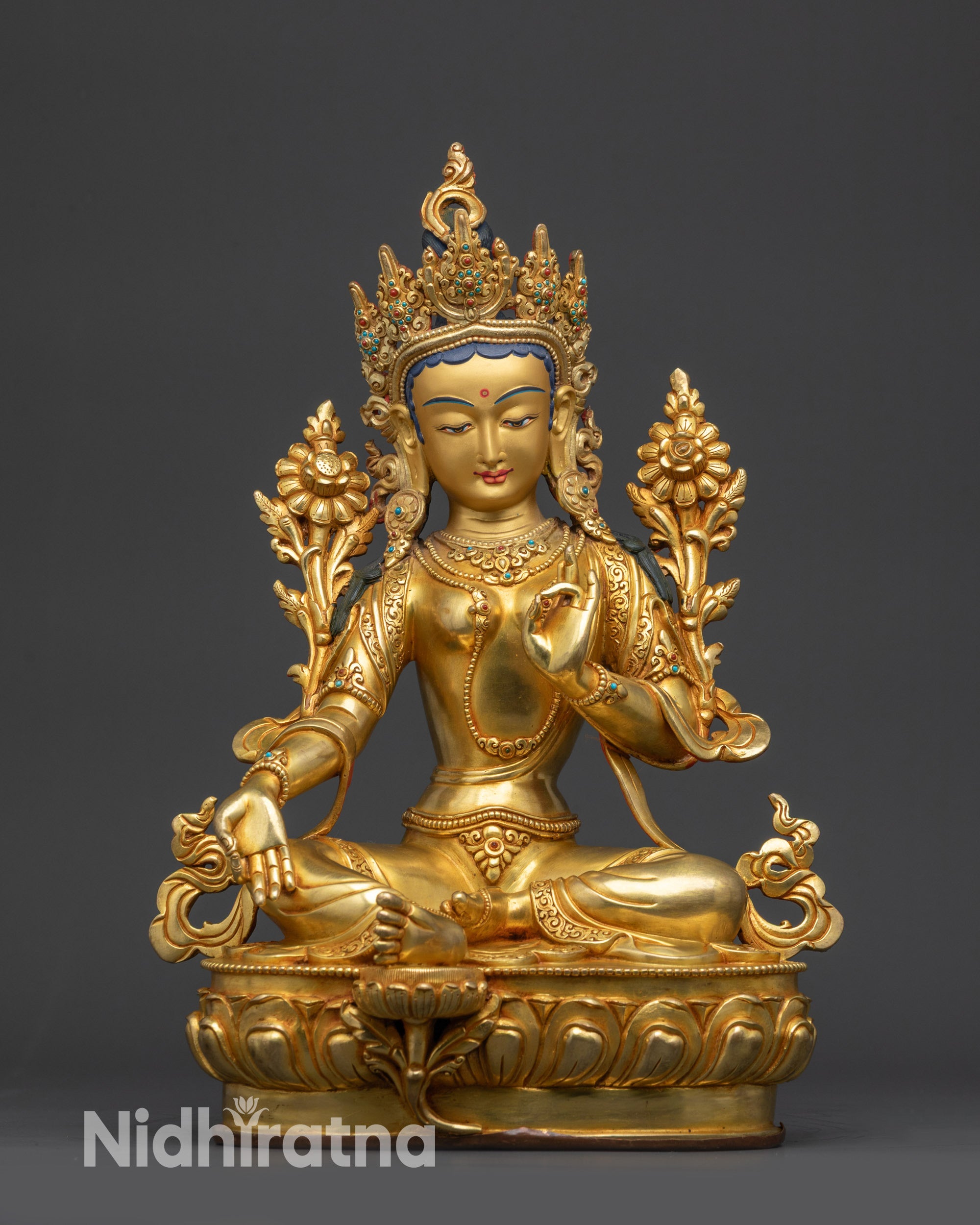 Nepalese Green Tara Statue front view gold-gilded copper alloy for altar