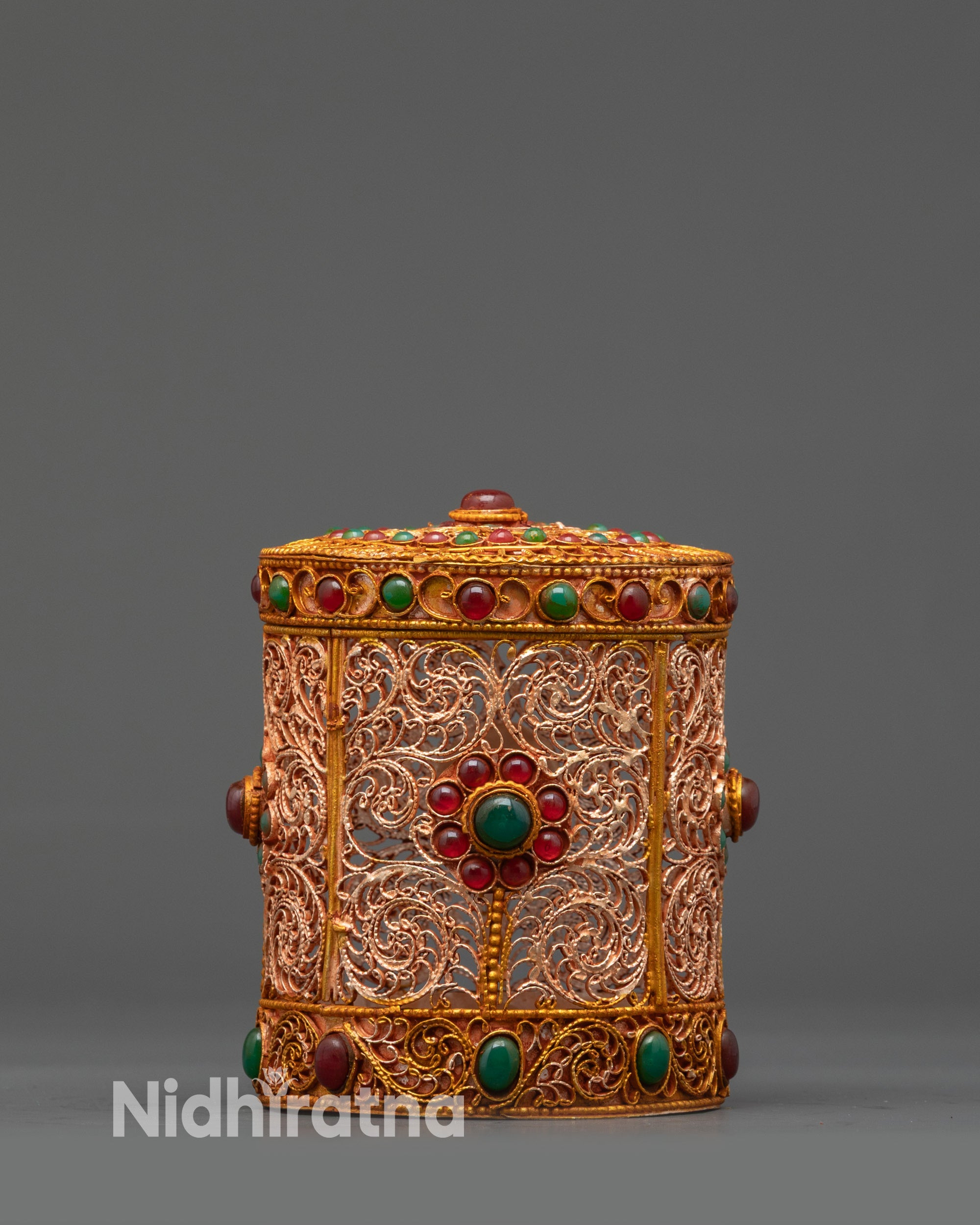 Nepalese Jewelry Box with turquoise, panna, and ruby gemstone inlay