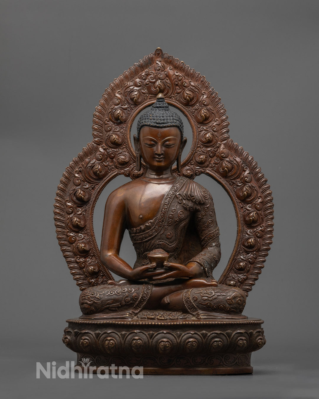 Oxidized Amitabha Buddha Statue – 32cm Handcrafted Copper with Intricate Robe and Bowl