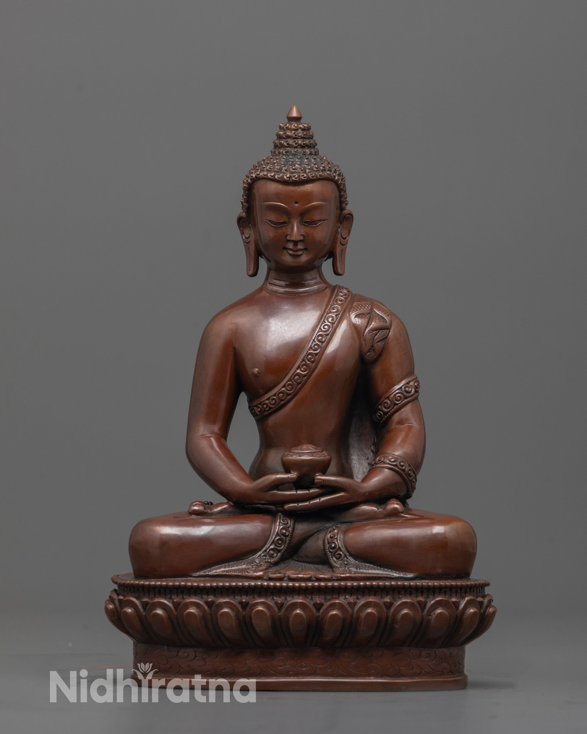 Oxidized Amitabha Buddha Statue front view with detailed robe and monk's bowl