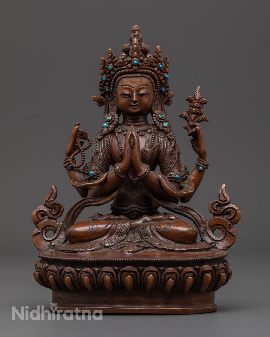 Oxidized Copper Chenrezig Statue | Traditional Buddhist Art