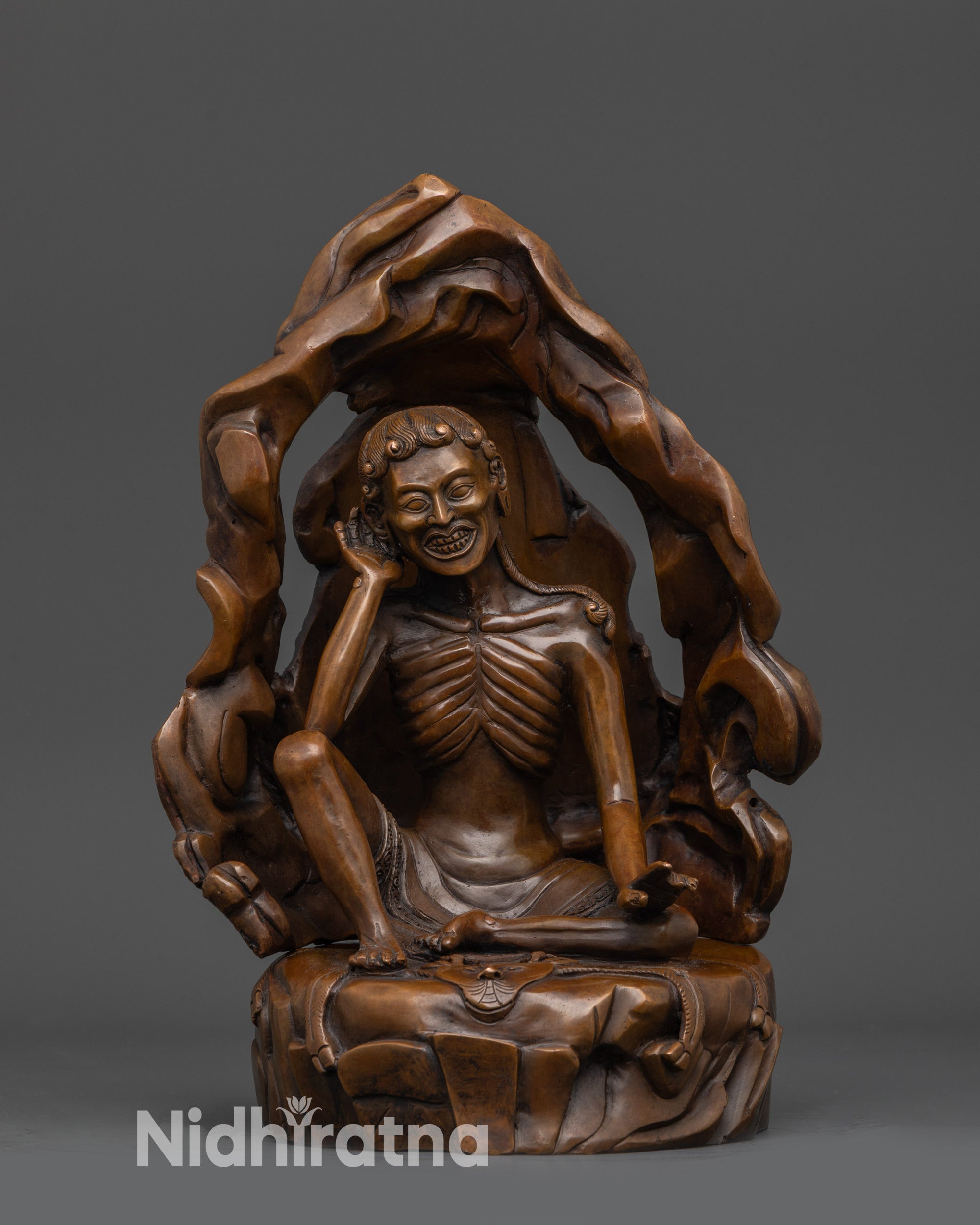 Oxidized Milarepa Statue front view Tibetan Himalayan yogi meditating in cave on deer skin