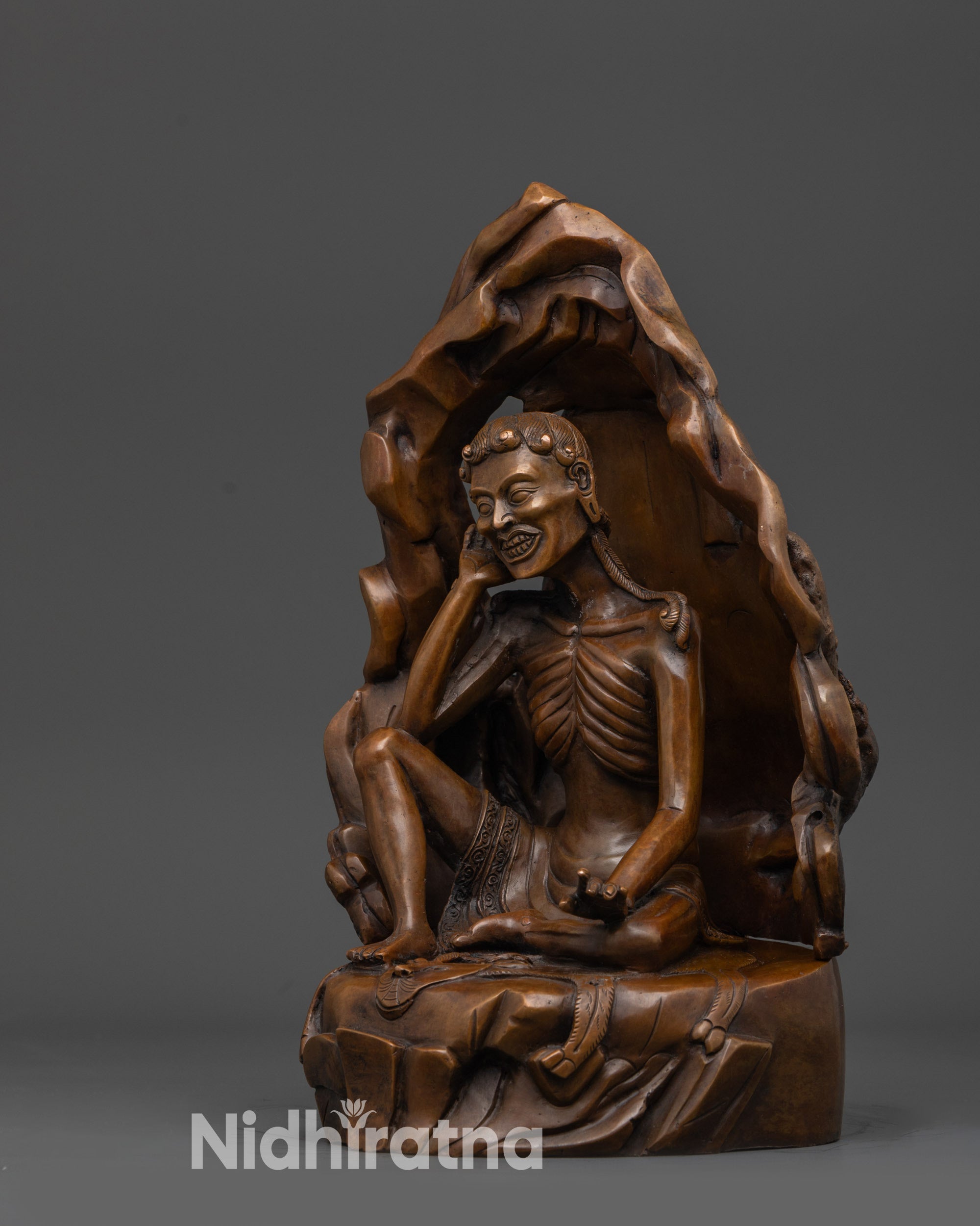 Oxidized Milarepa Statue left view side oxidized copper Tibetan yogi statue from Nepal