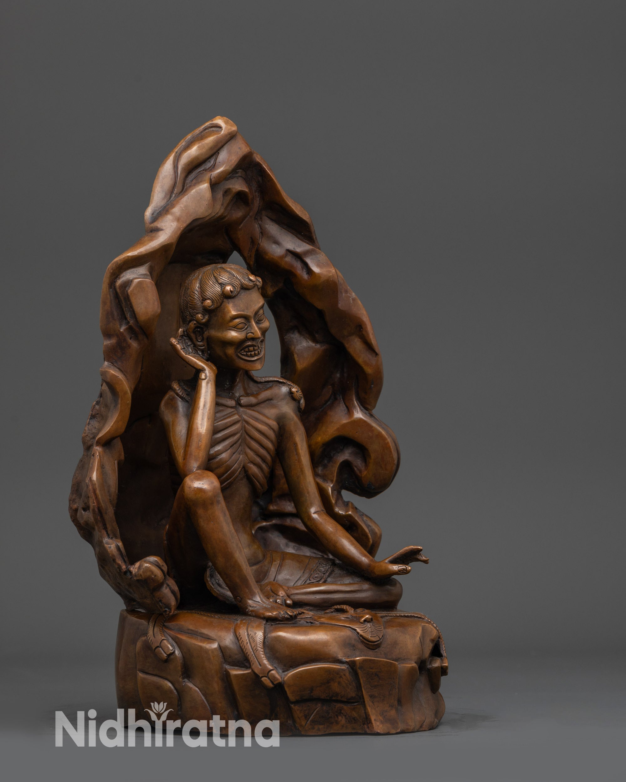 Oxidized Milarepa Statue right view side cave meditation Nepalese Himalayan sculpture