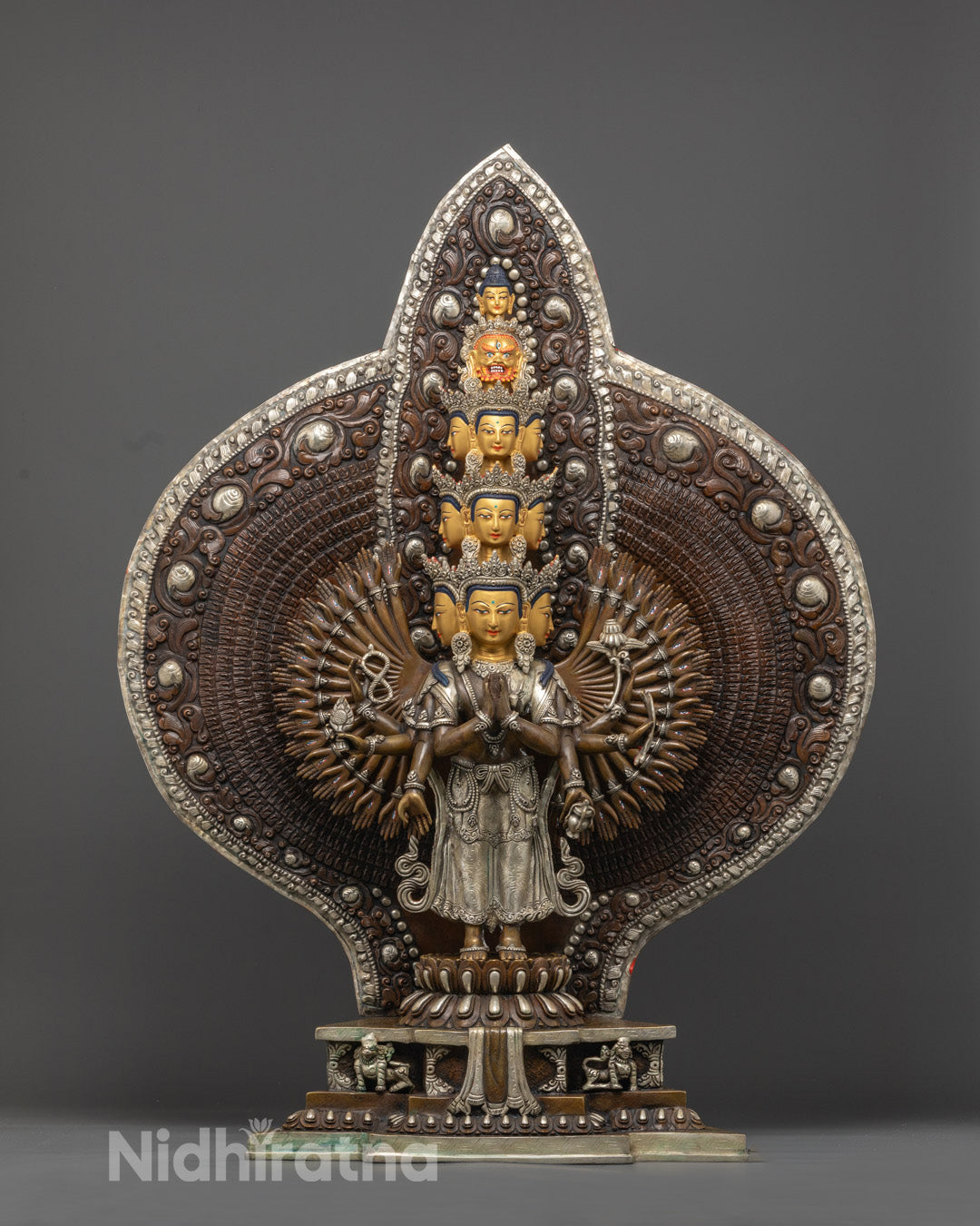 Oxidized Silver 1000 Armed Avalokiteshvara Statue with gold-gilded face and intricate hand-carved details