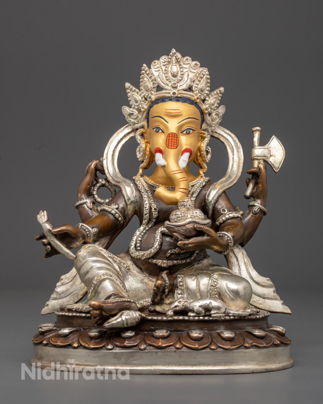 Oxidized Silver Ganesh Statue with gold-gilded face and richly painted acrylic details on copper body