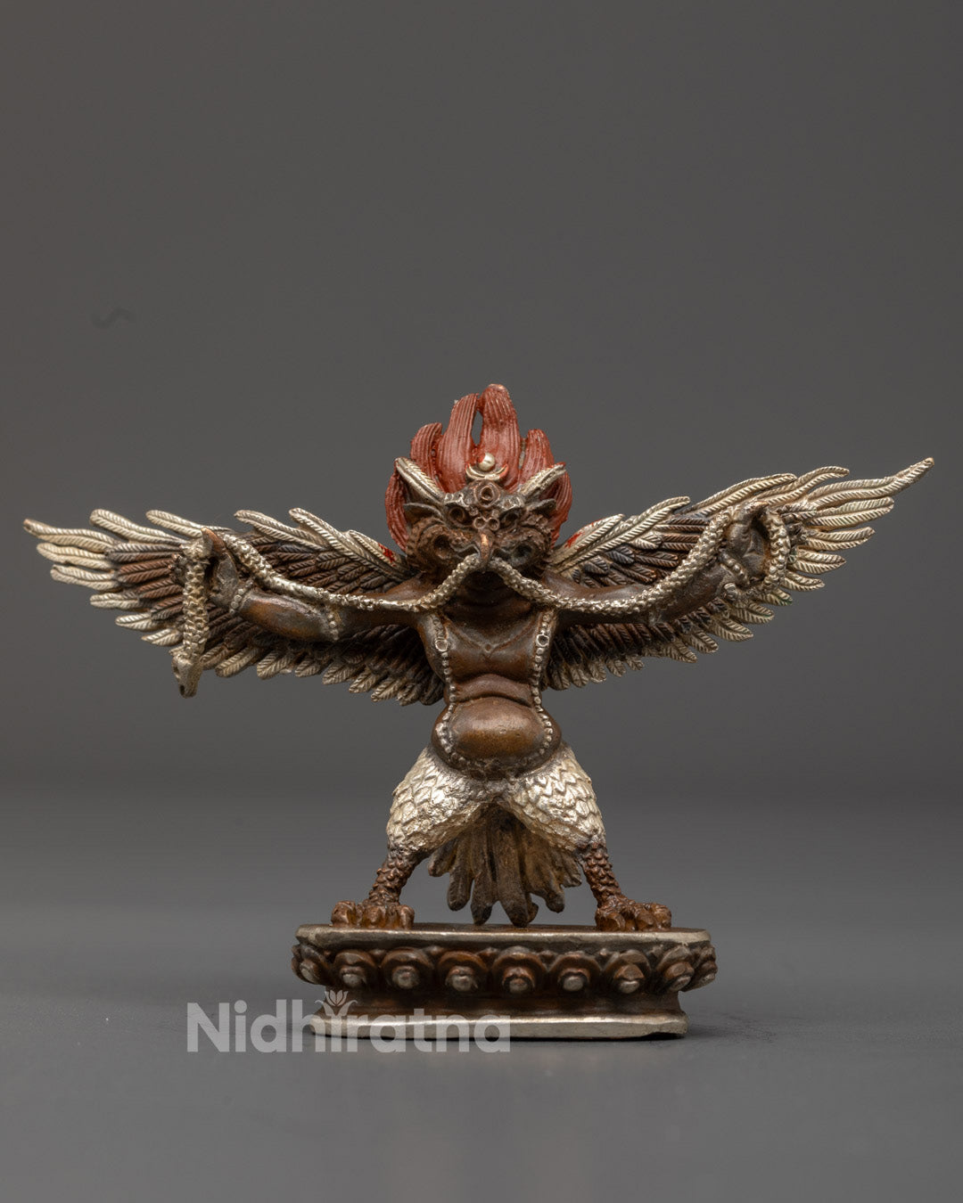 Oxidized Silver Garuda Statue on Lotus Throne – Premium Copper with Acrylic Detailing