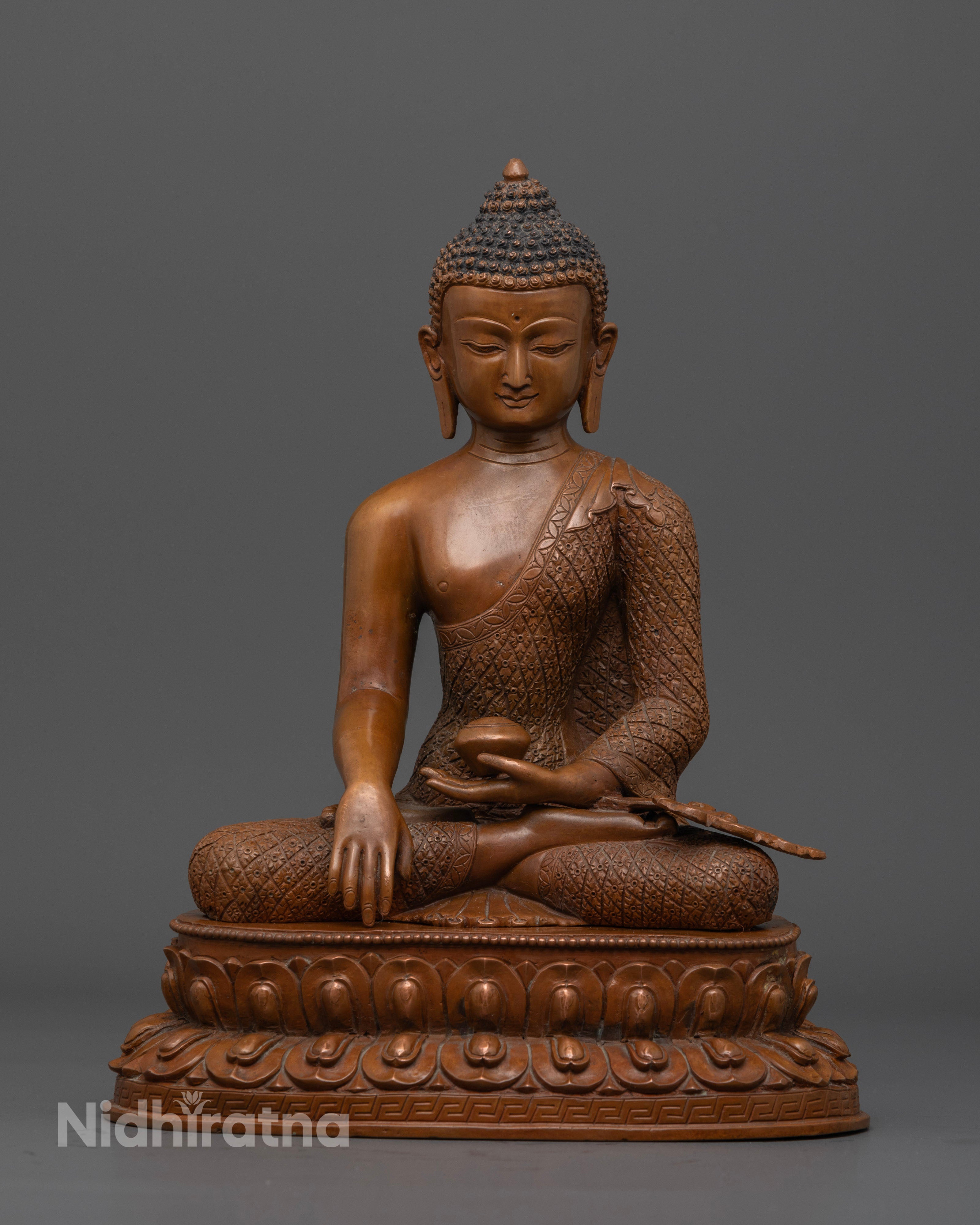 Oxidized brownish Shakyamuni Buddha statue seated in serene meditation, featuring finely hand-carved robe patterns crafted by skilled Nepalese artisans.