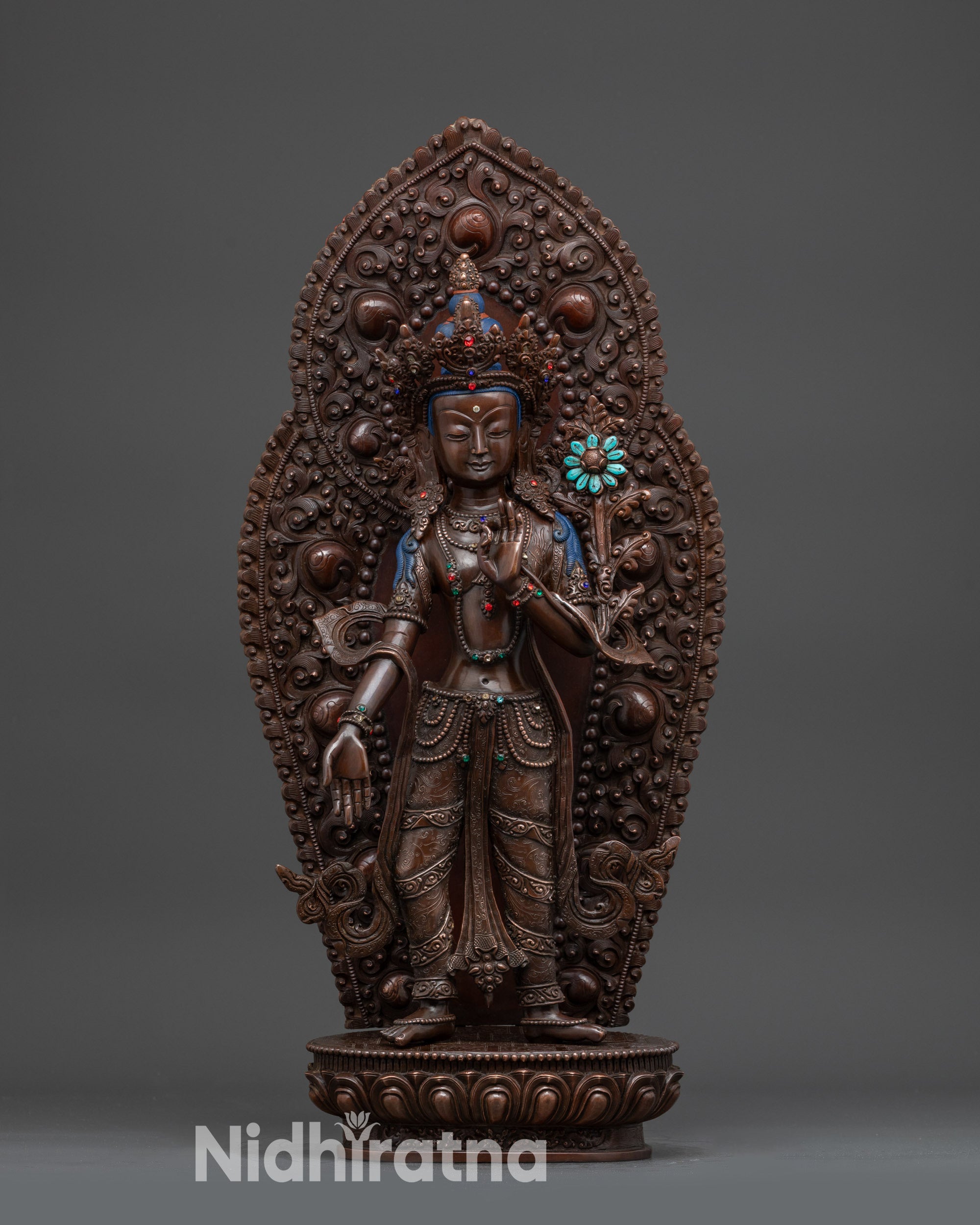 Oxidized copper Standing Chenrezig statue handcrafted Avalokiteshvara Buddhist sculpture