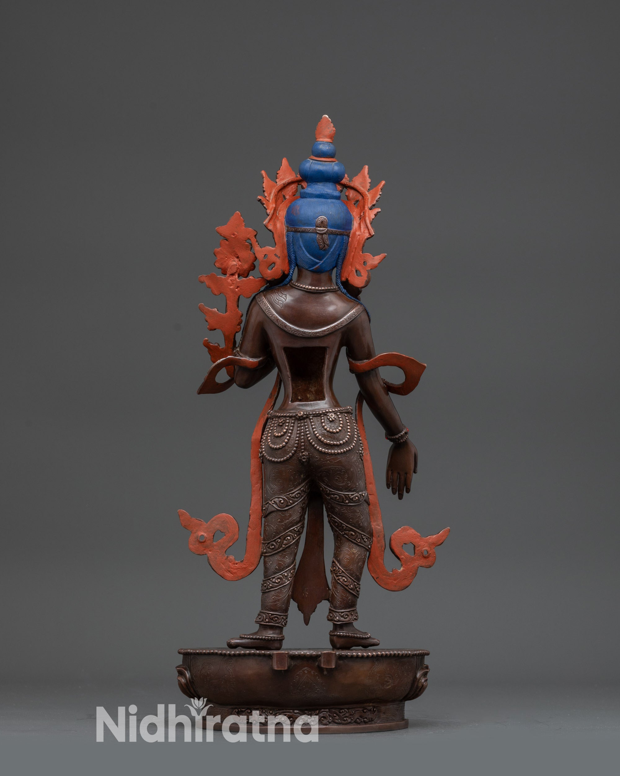 Oxidized copper Standing Chenrezig statue semi-precious stones flowing robes Buddhist altar