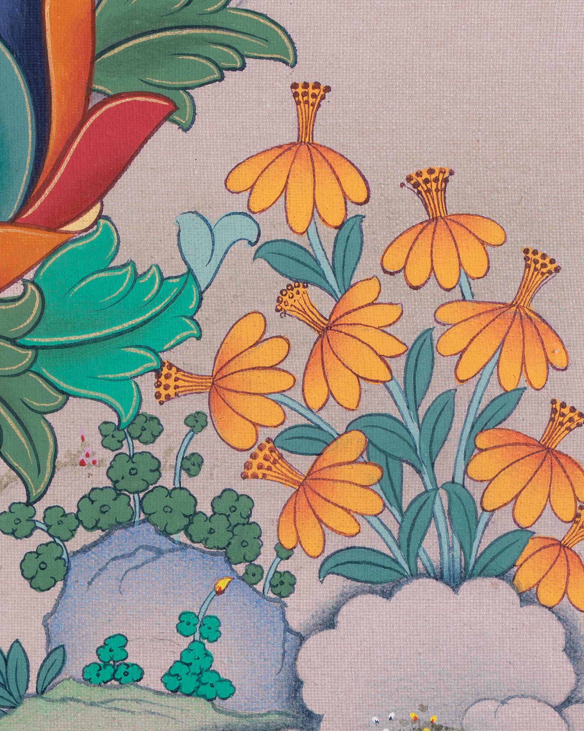 Peaceful background of Green Tara Thangka print with hills, flowers, and spiritual harmony