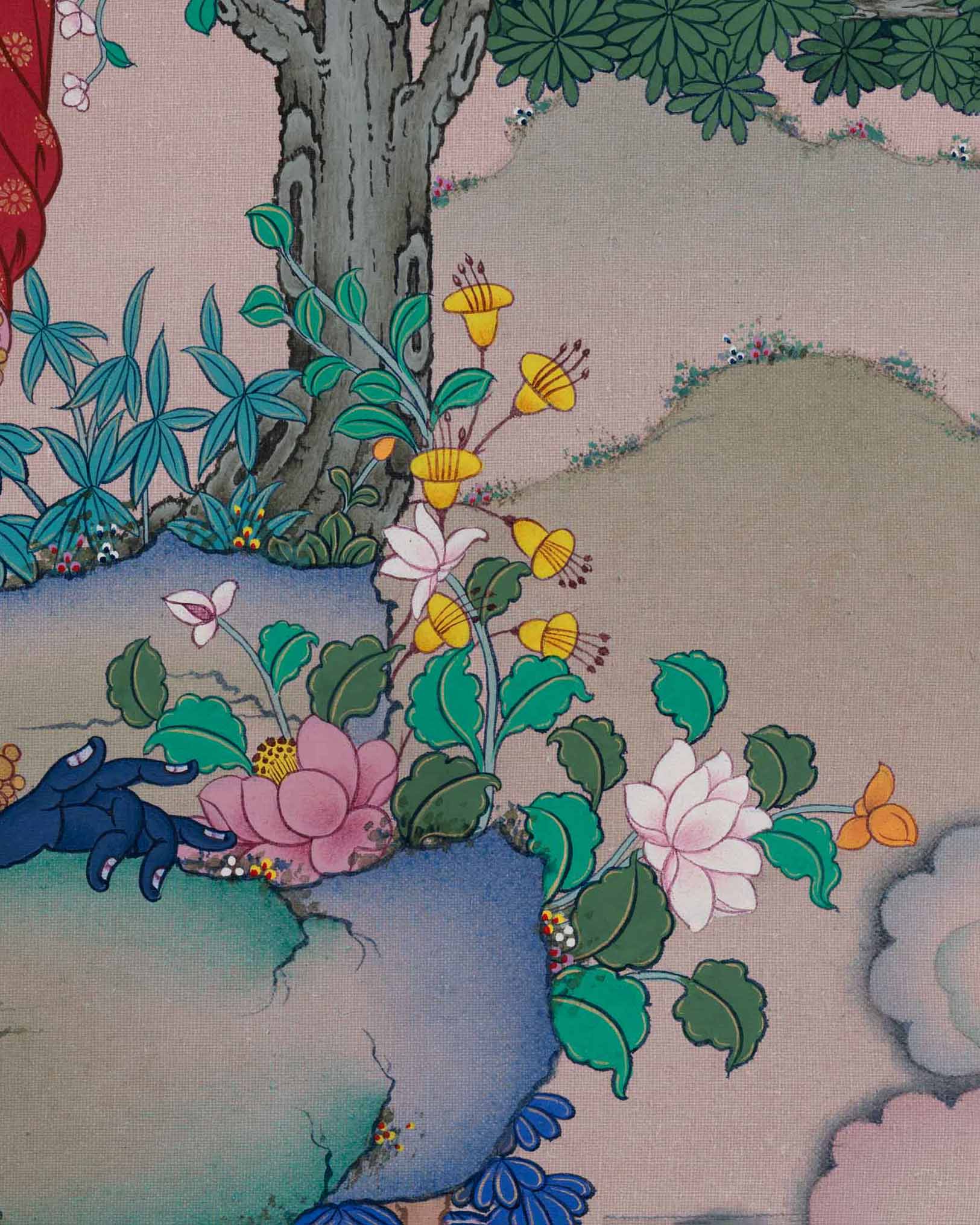 Peaceful landscape with trees lotuses and flowers surrounding Vajrapani in Tibetan Thangka art