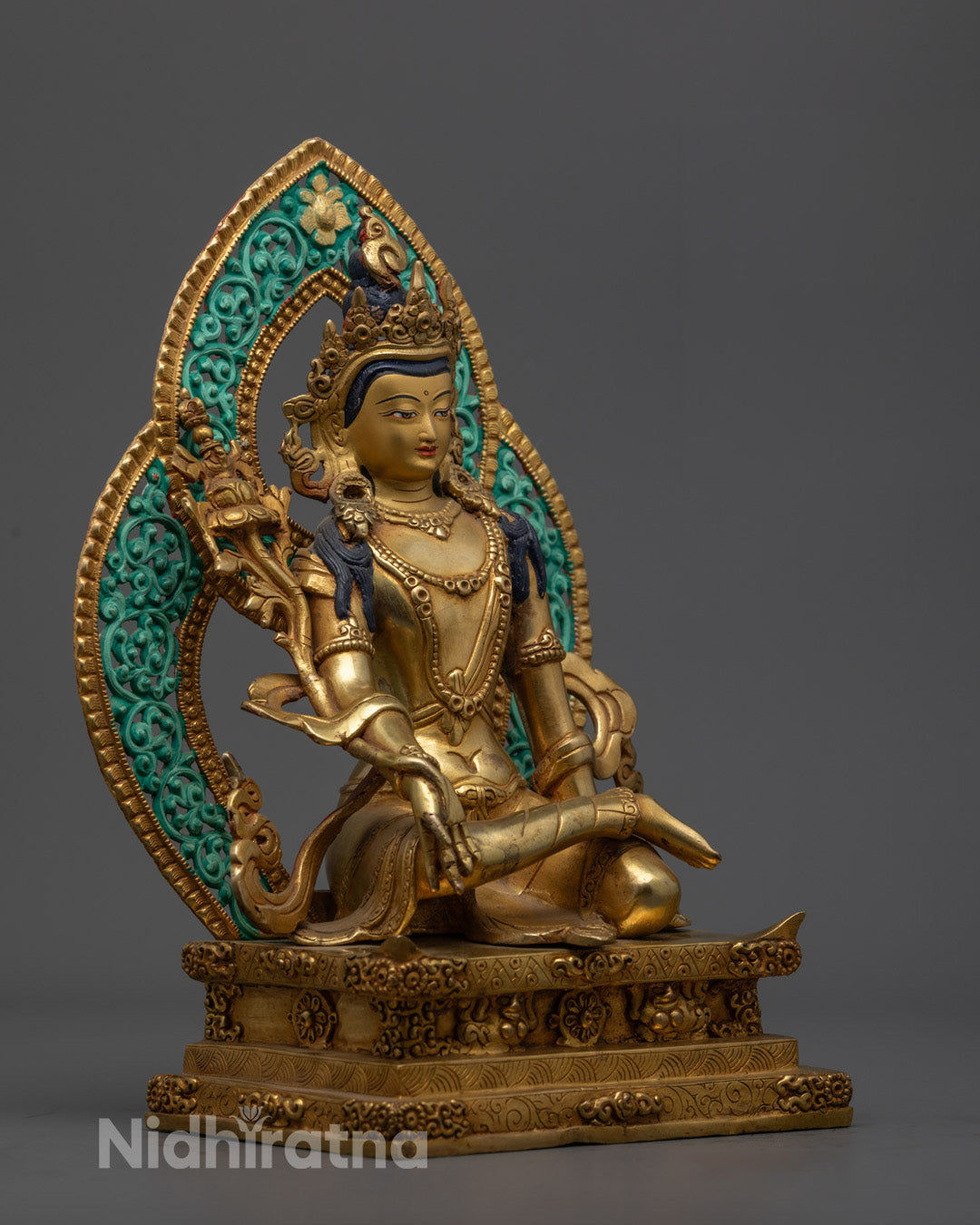 Prajna Paramita Statue revealing beautifully carved lotus throne, radiant halo, and detailed jewelry – ideal for spiritual altars.