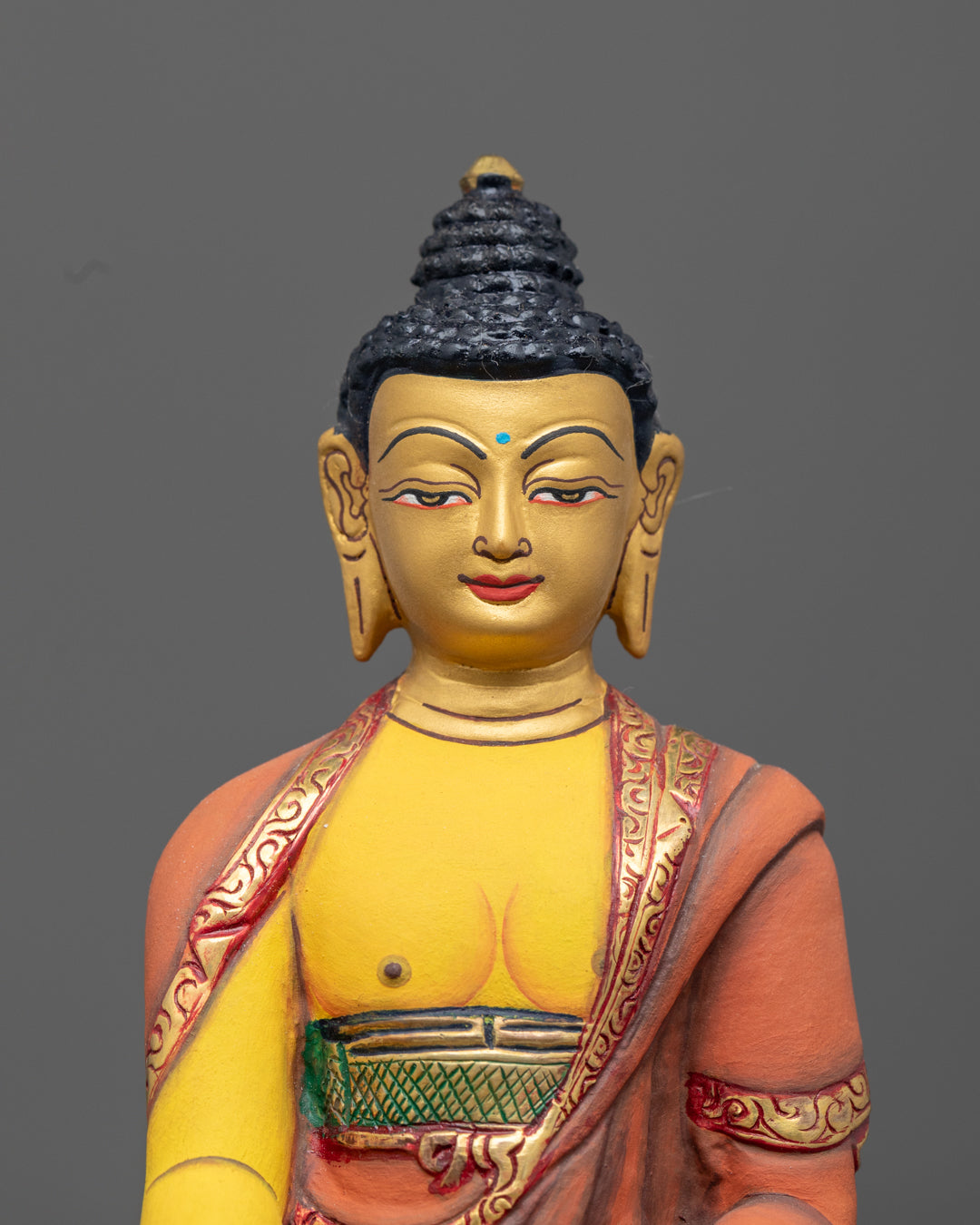 Premium copper Buddha statue carved with three monks robes holding a begging bowl seated on lotus throne