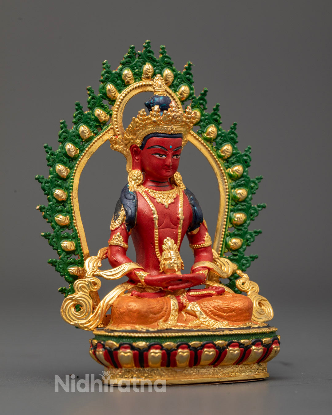 Radiant halo and ornate carvings on Red Coloured Amitayus Buddha Statue, electroplated finish
