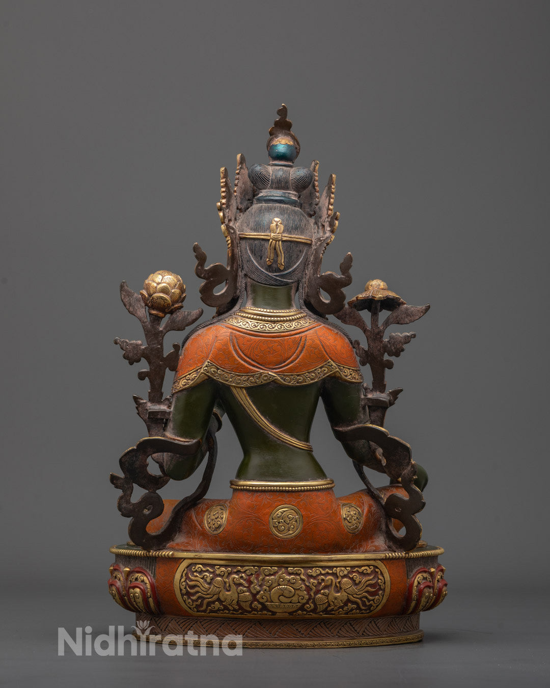 Rear view of Colored Green Tara Statue showing handcrafted copper design