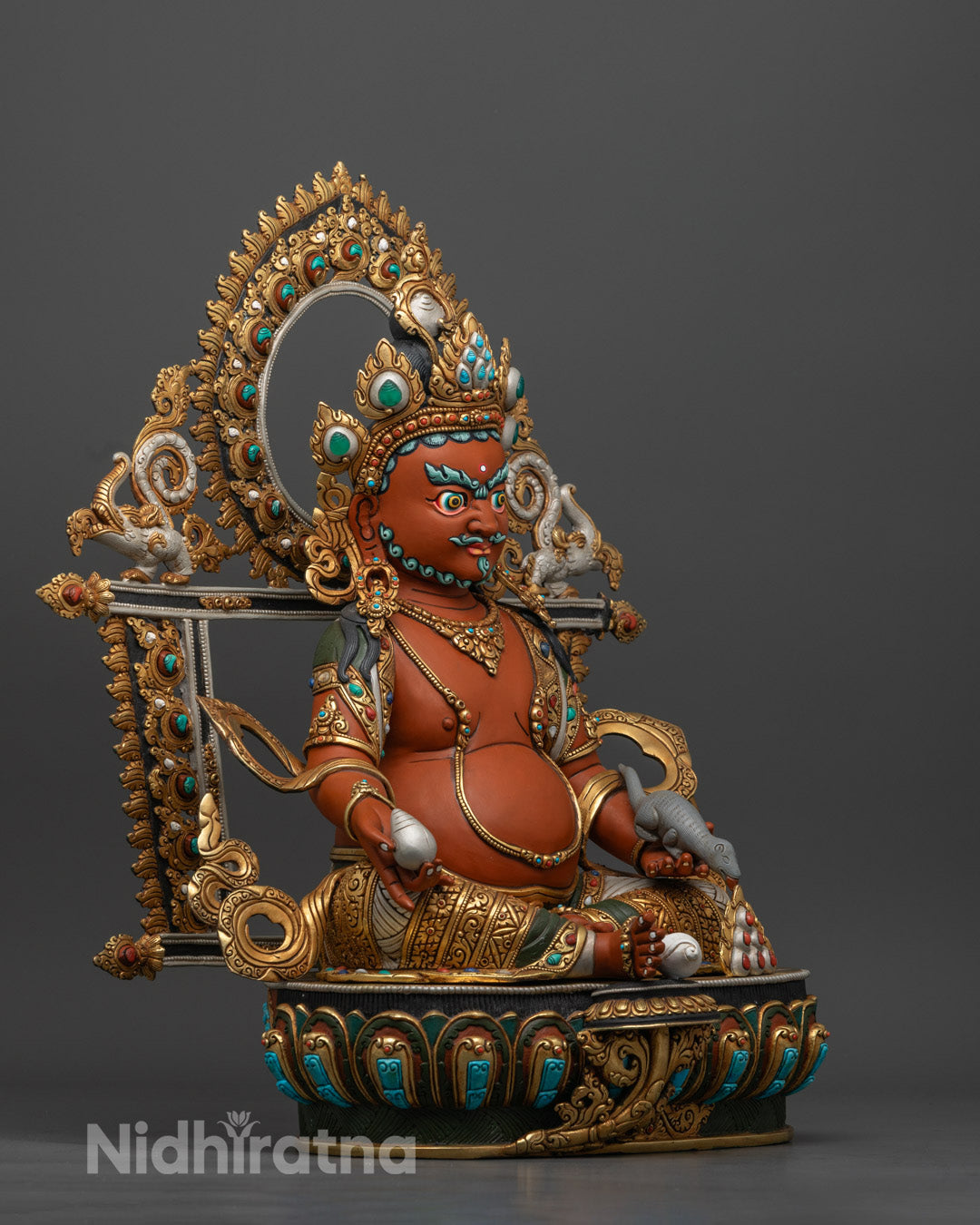 Red Dzambhala Statue – Hand-Carved Copper Tibetan Deity of Wealth with Lotus Throne