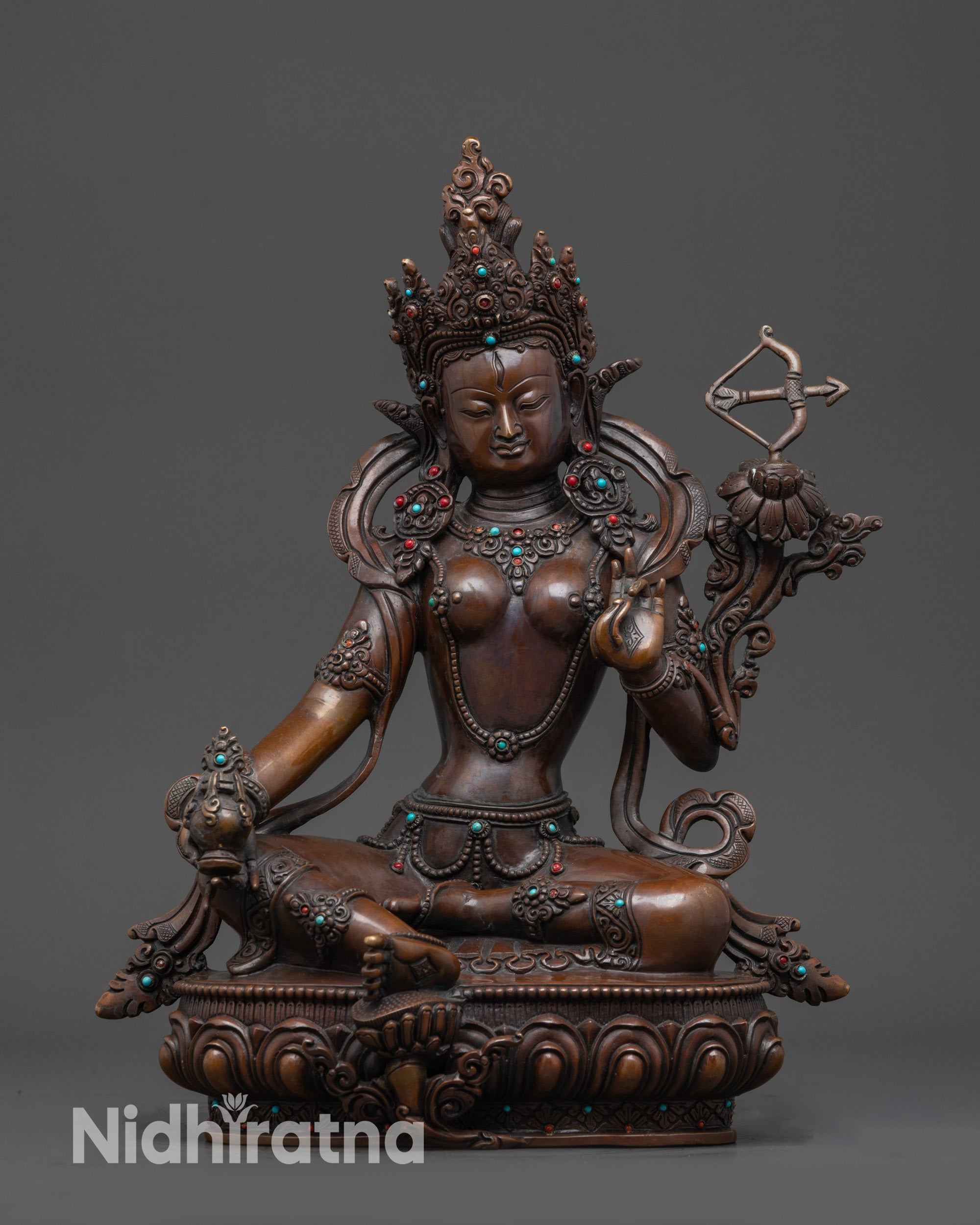 Red Tara Statue front view seated on lotus with crown, jewelry, and Third Eye details