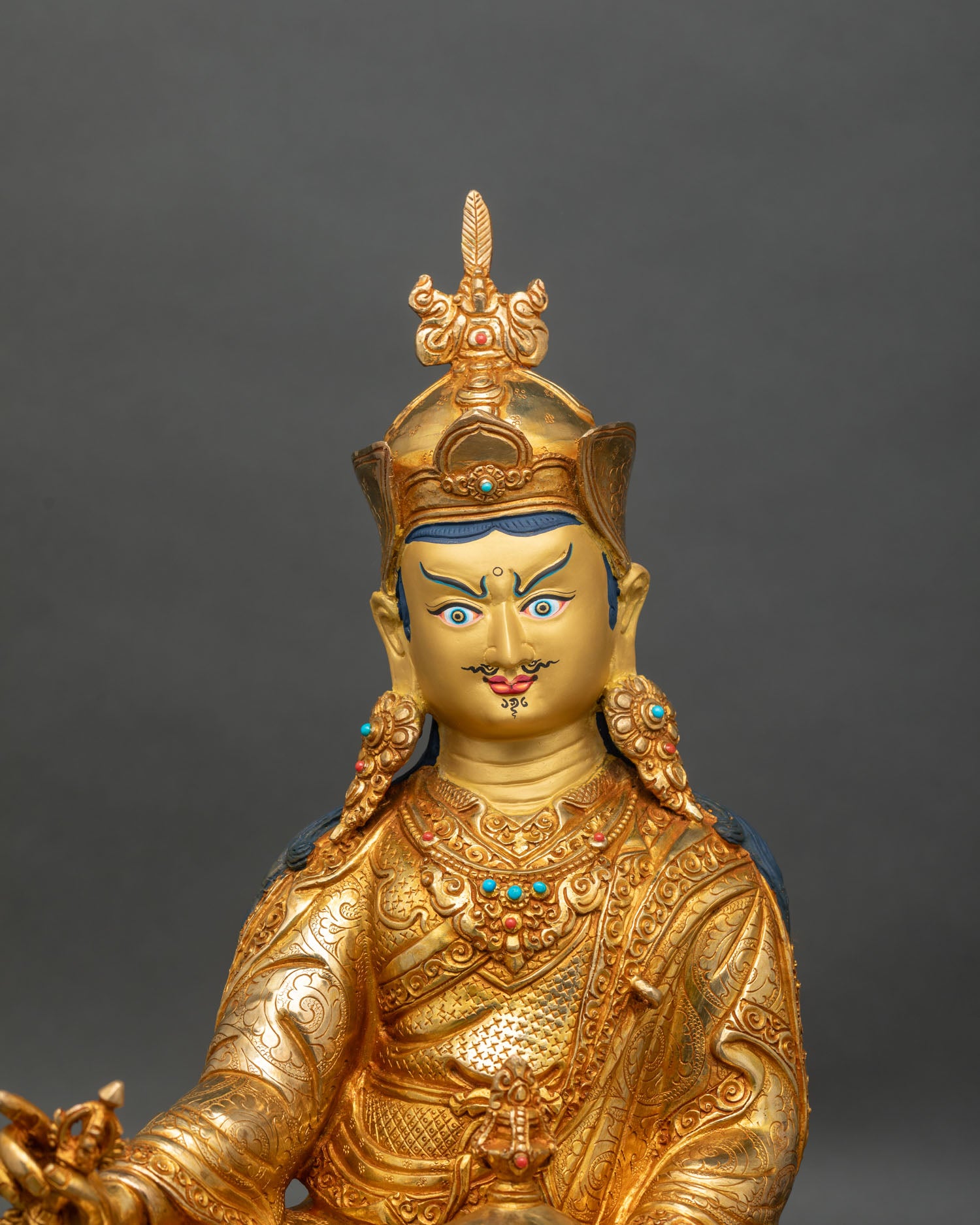 Regular close-up of Guru Rinpoche statue, Nepalese lost-wax craftsmanship