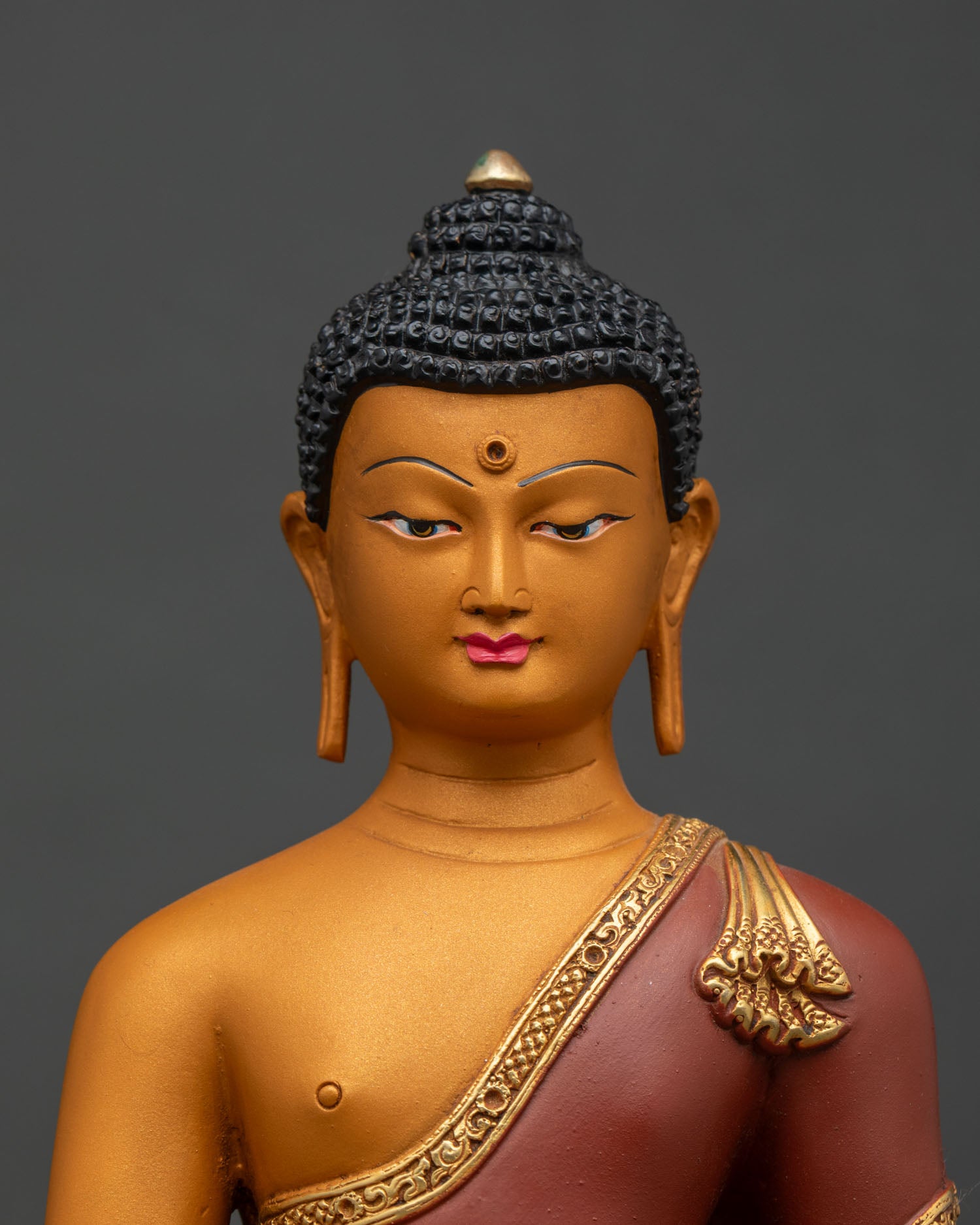 Regular close-up of Shakyamuni Buddha statue, detailed Nepalese craftsmanship