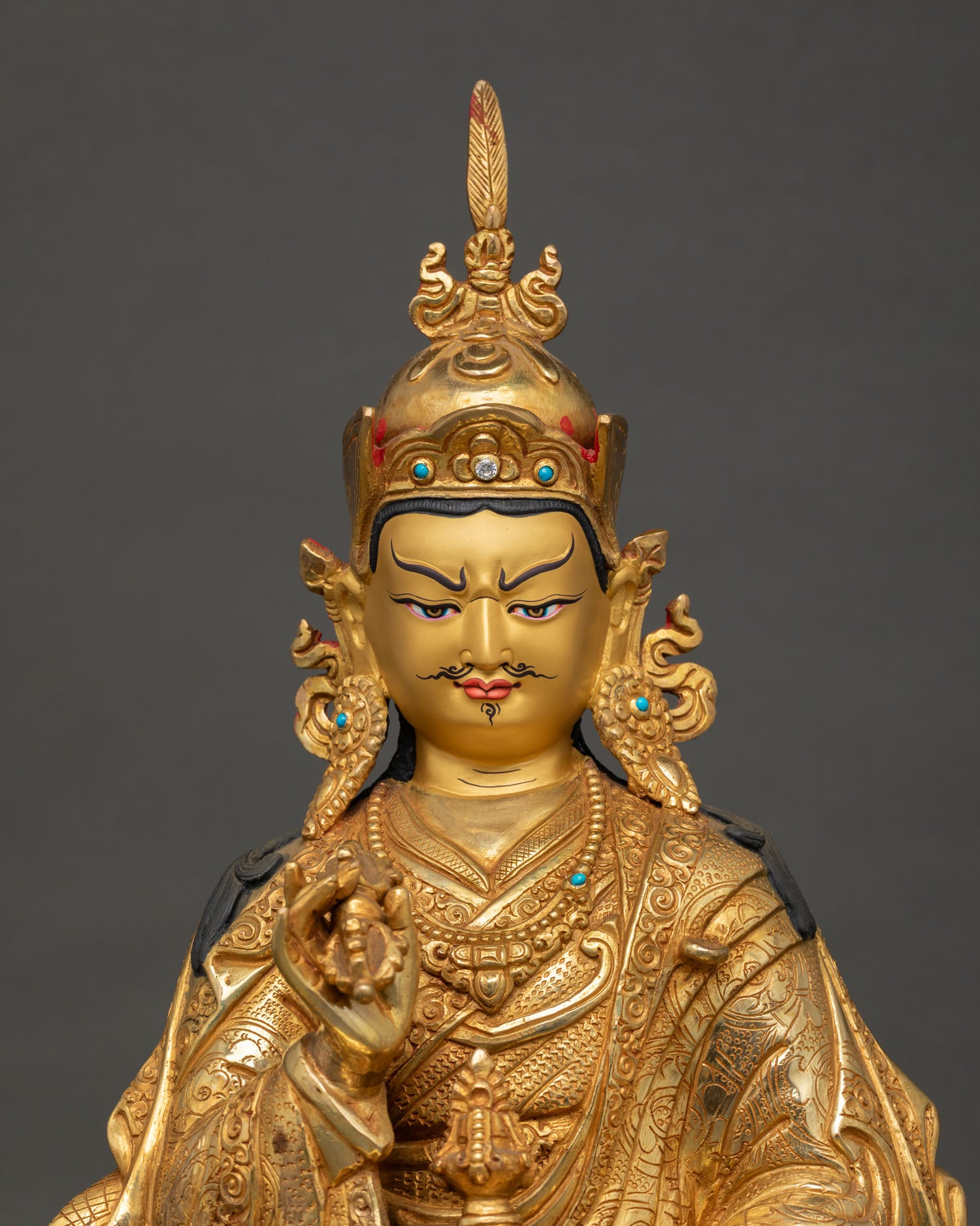 Regular close up Tsokye Dorje statue showing fine copper craftsmanship, gold fire-gilding details and sacred Buddhist design
