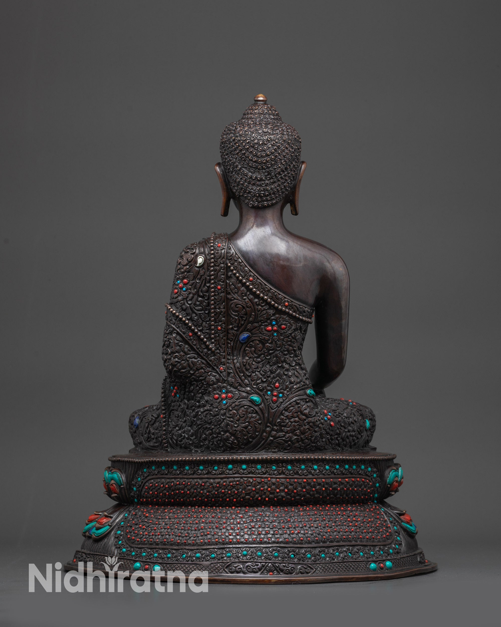 Regular back Buddha Shakyamuni oxidized statue showing lotus seat and detailed carvings