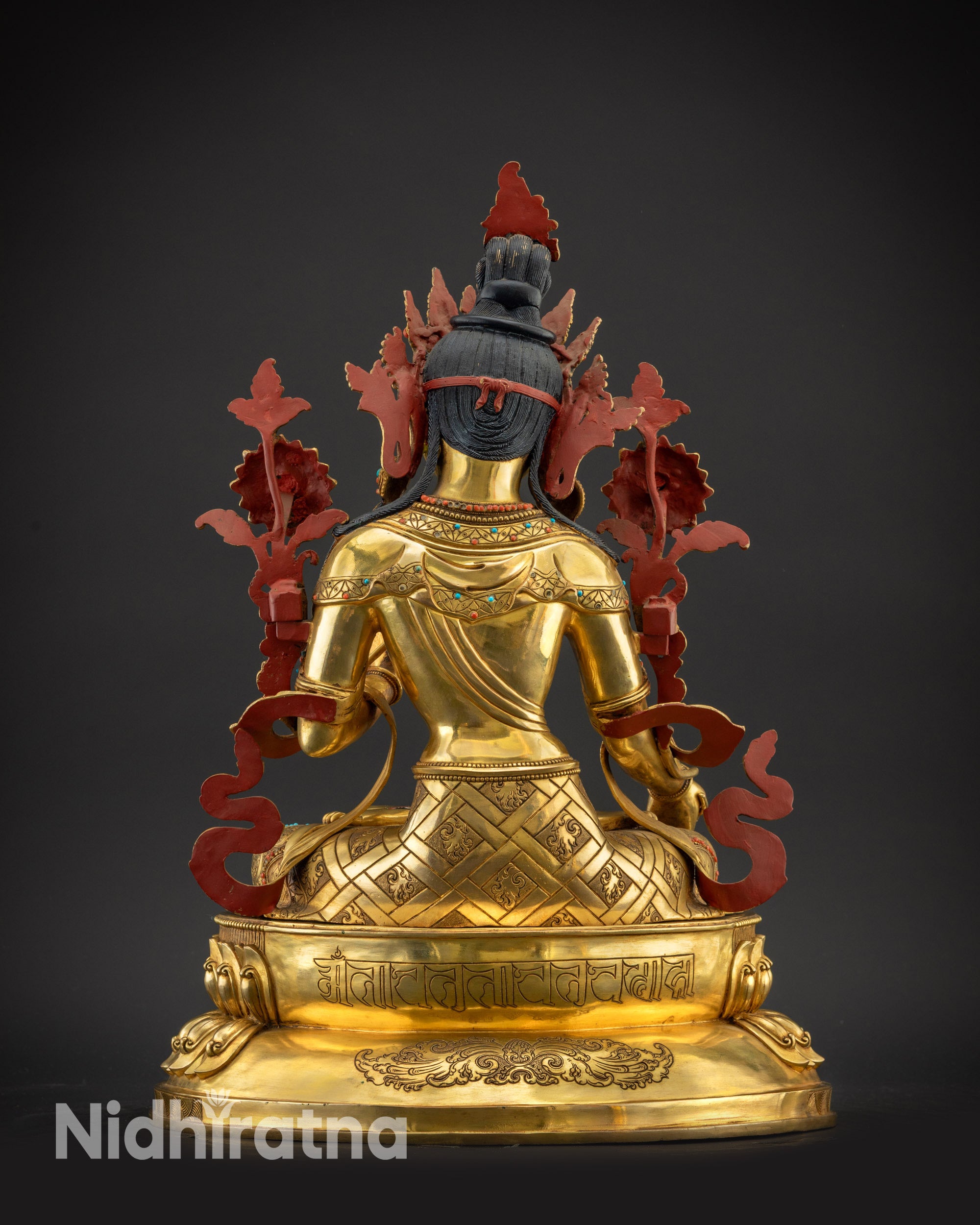 Regular back White Tara statue carved lotus seat detailed robe semi-precious stones