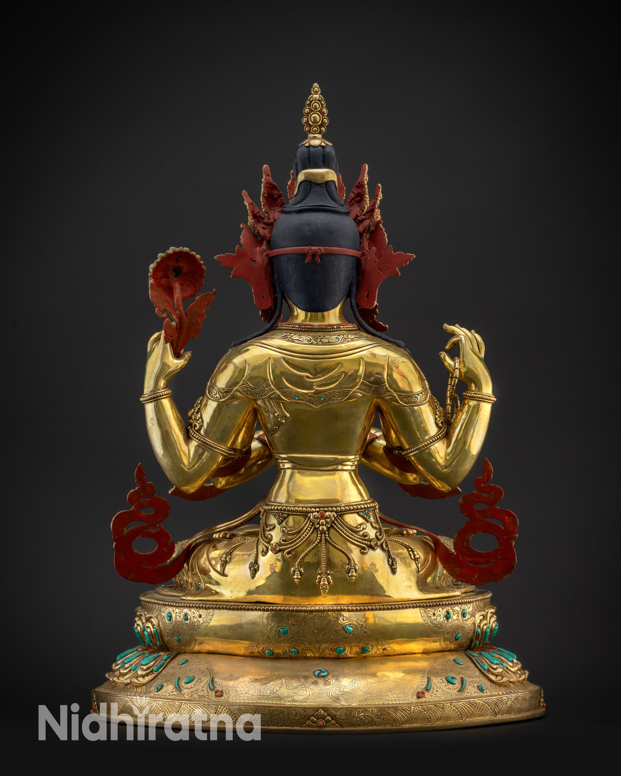 Regular back view Chenrezig Bodhisattva statue carved floral motif design