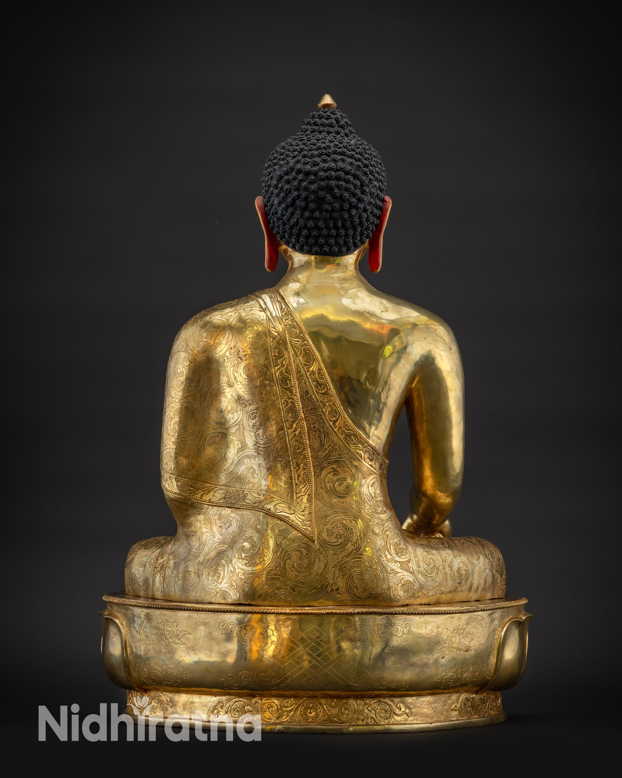 Regular back view Shakyamuni Buddha statue lotus pedestal with infinite knot symbol