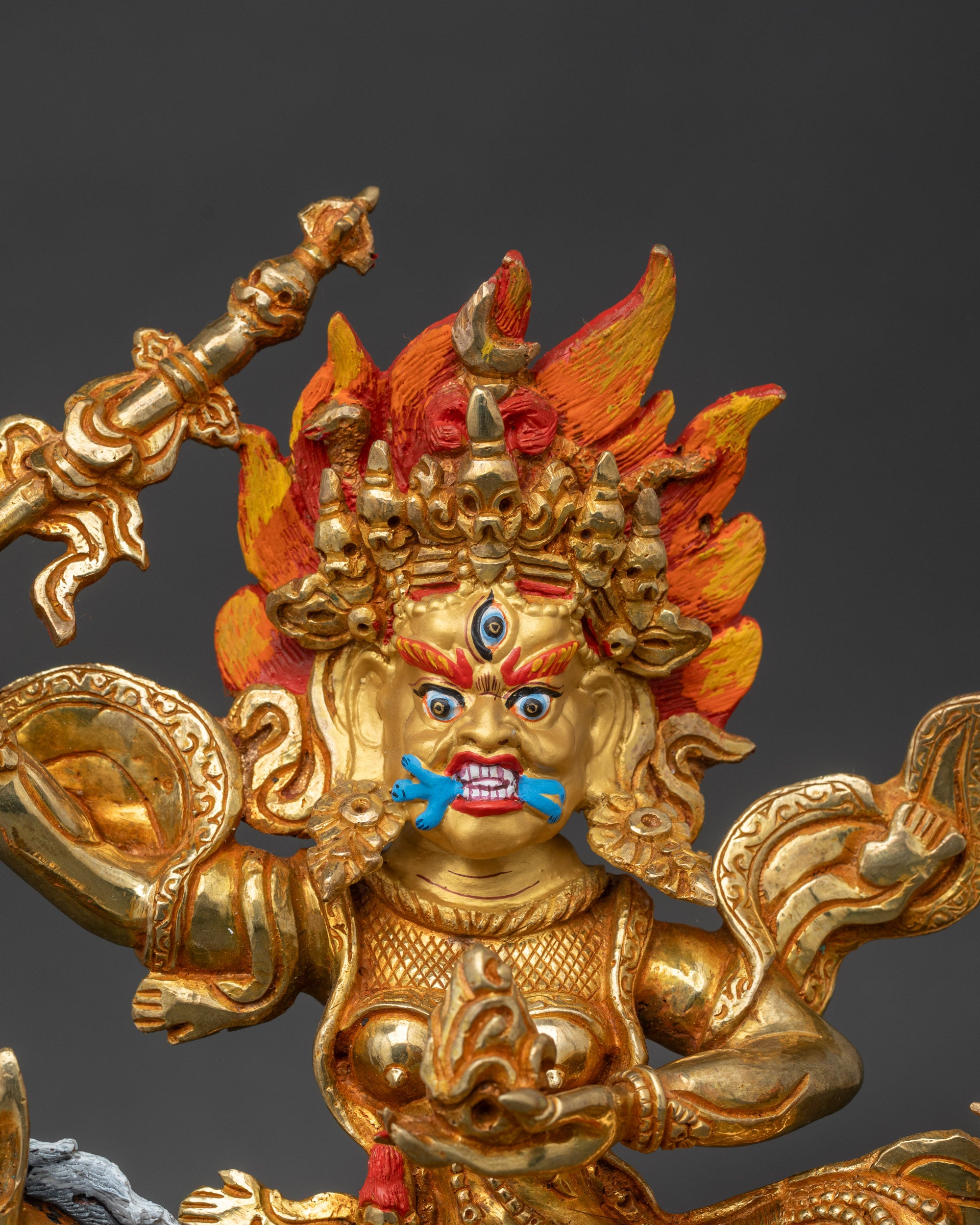 Regular close-up of Palden Lhamo Statue showing copper craftsmanship and gold fire-gilding